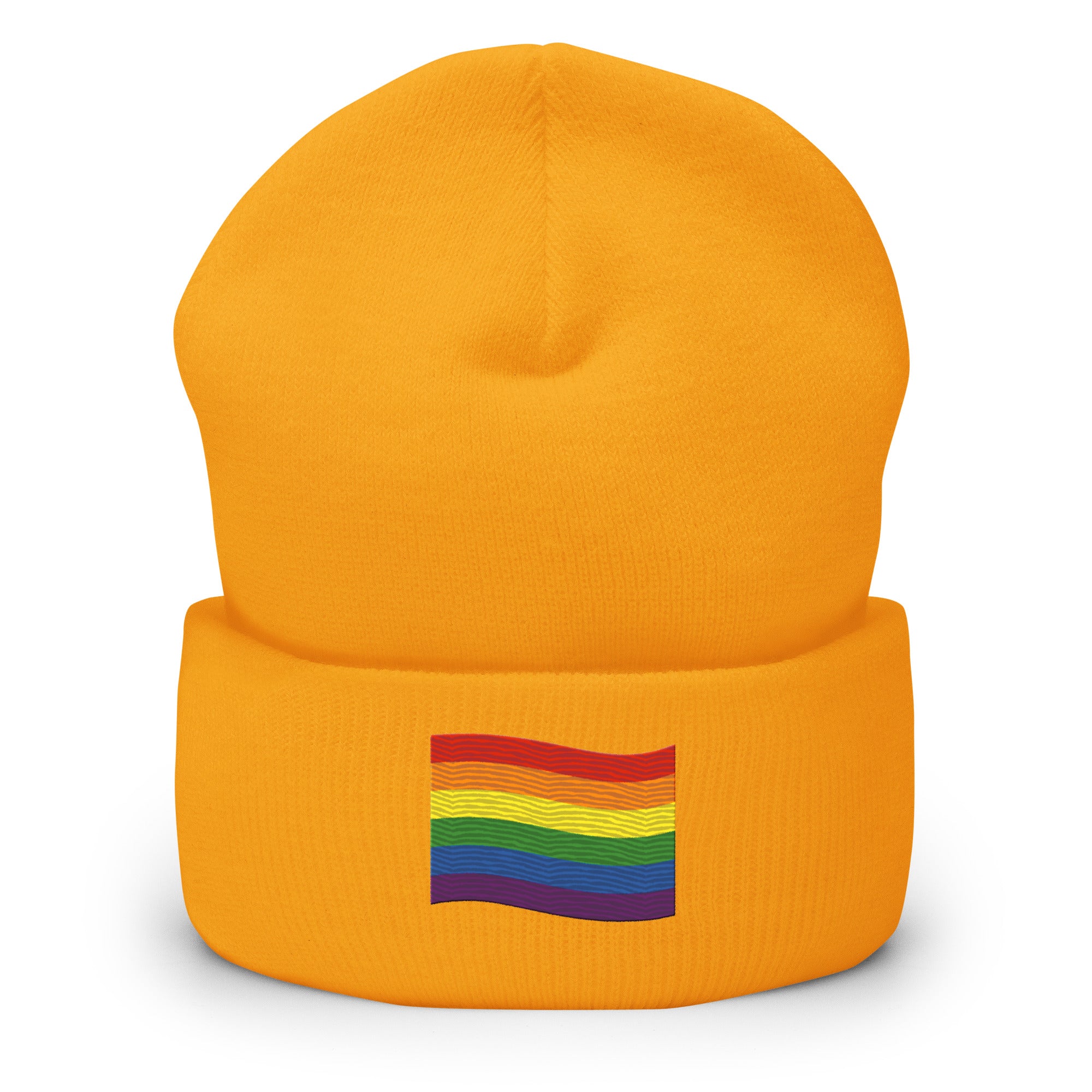 The Pride Flag Beanie by Pridelity is a white beanie adorned with an embroidered colorful rainbow flag on its folded brim, ideal for anyone looking for gay clothing that celebrates identity. The vibrant flag showcases red, orange, yellow, green, blue, and purple stripes representing LGBTQ+ pride.