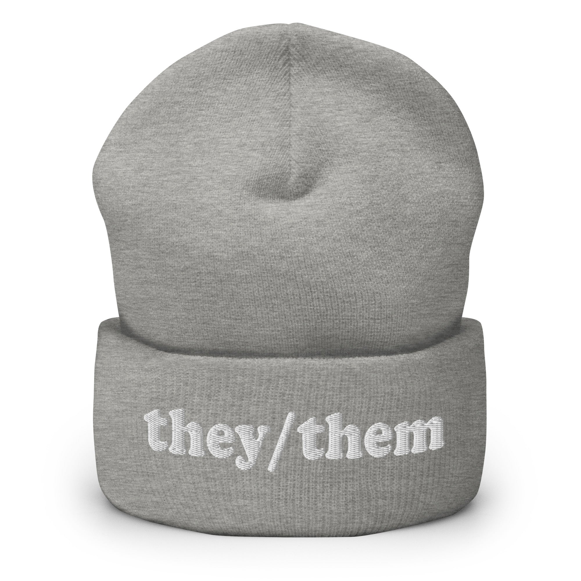 The Pridelity They/Them Beanie in heather grey features 