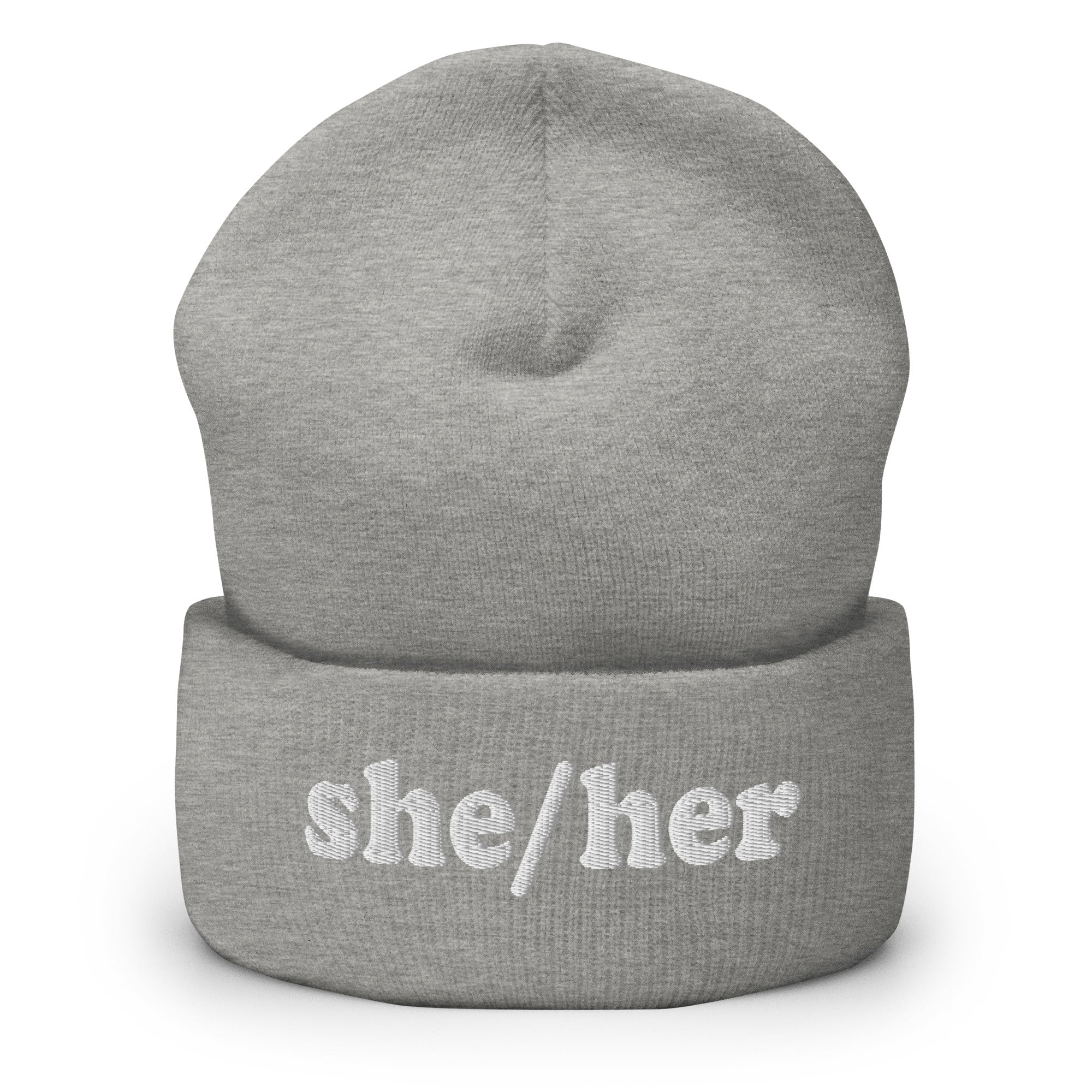 The She/Her Beanie by Pridelity, ideal for those seeking gay clothing options, is a heather grey knit beanie with the pronouns 