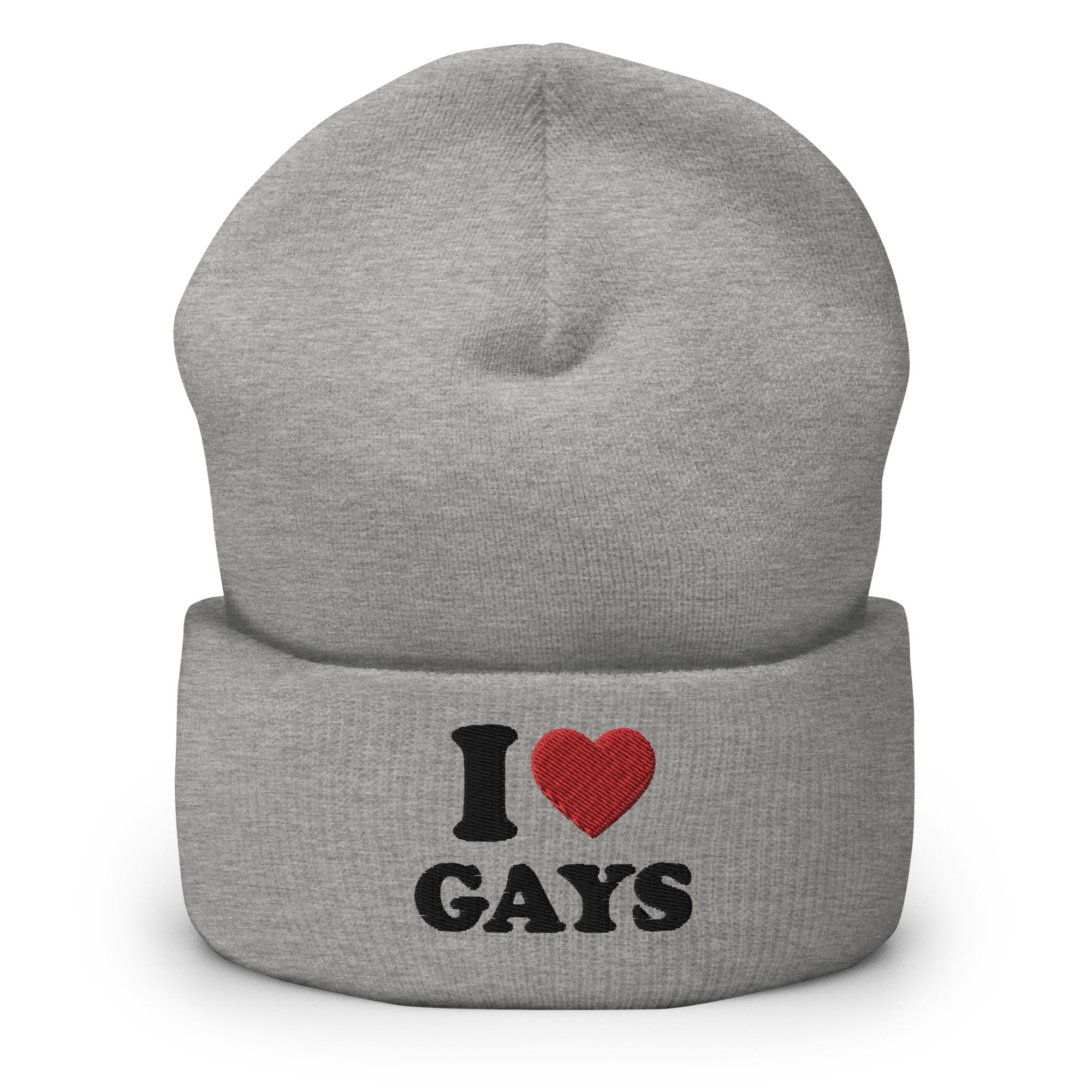 The I Love Gays Beanie by Pridelity embodies pride in LGBTQ+ fashion with its sleek black text 