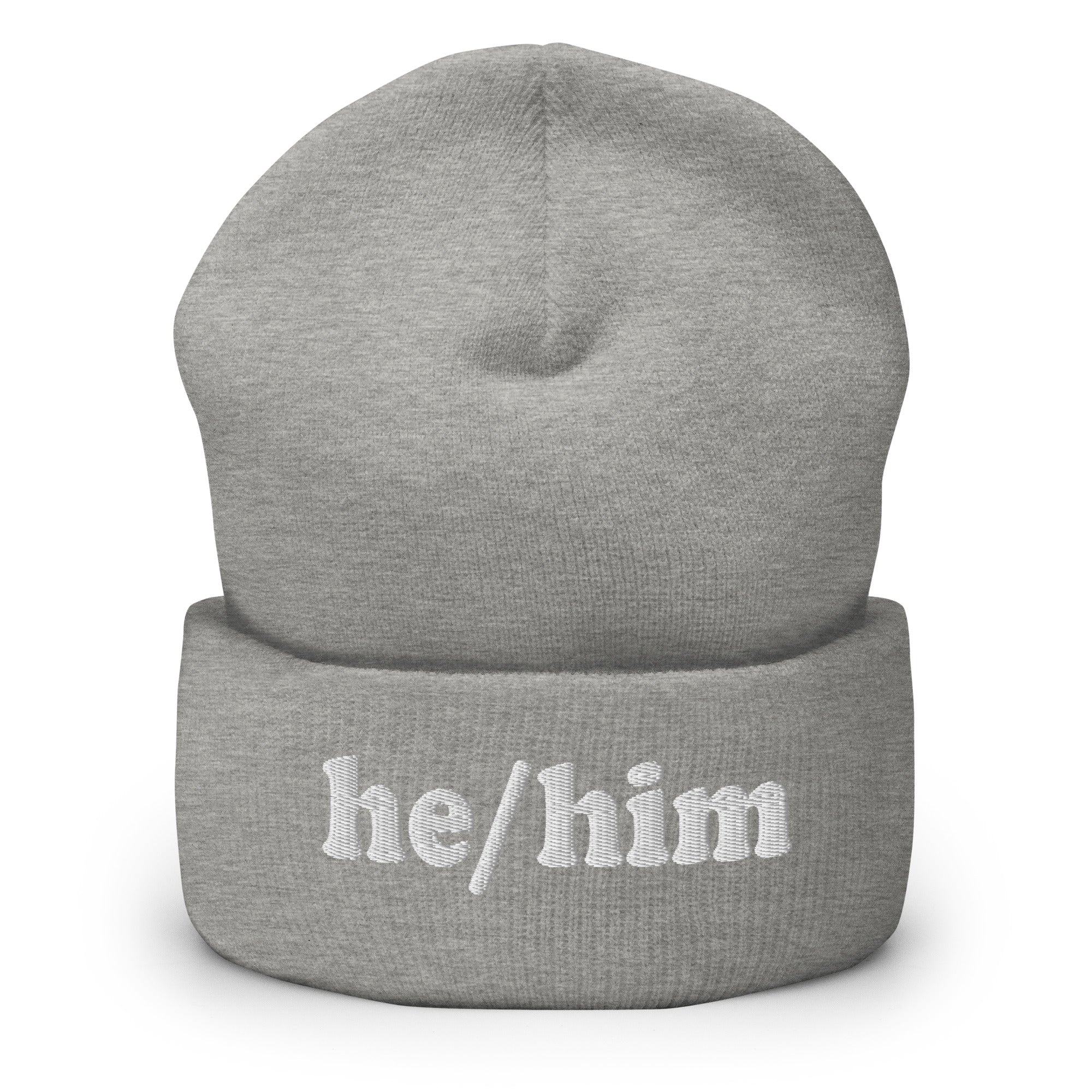 The He/Him Beanie by Pridelity, in a Heather Grey color, showcases 