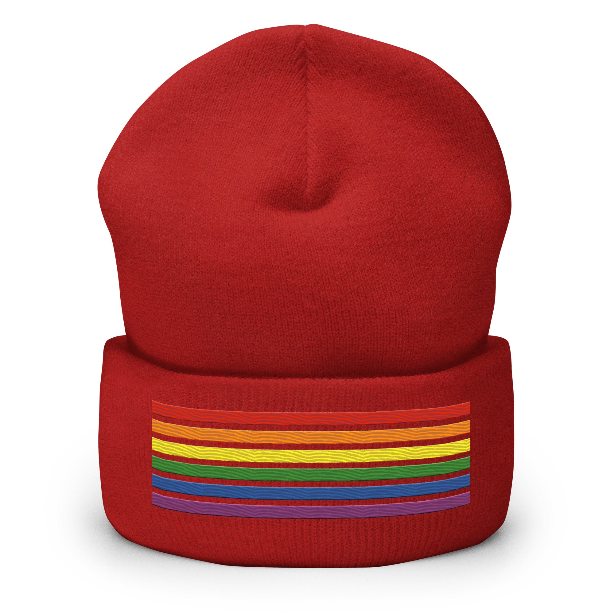 Introducing the Rainbow Beanie from Pridelity, a highlight in gay clothing that features vivid horizontal stripes in red, orange, yellow, green, blue, and purple on a white background.