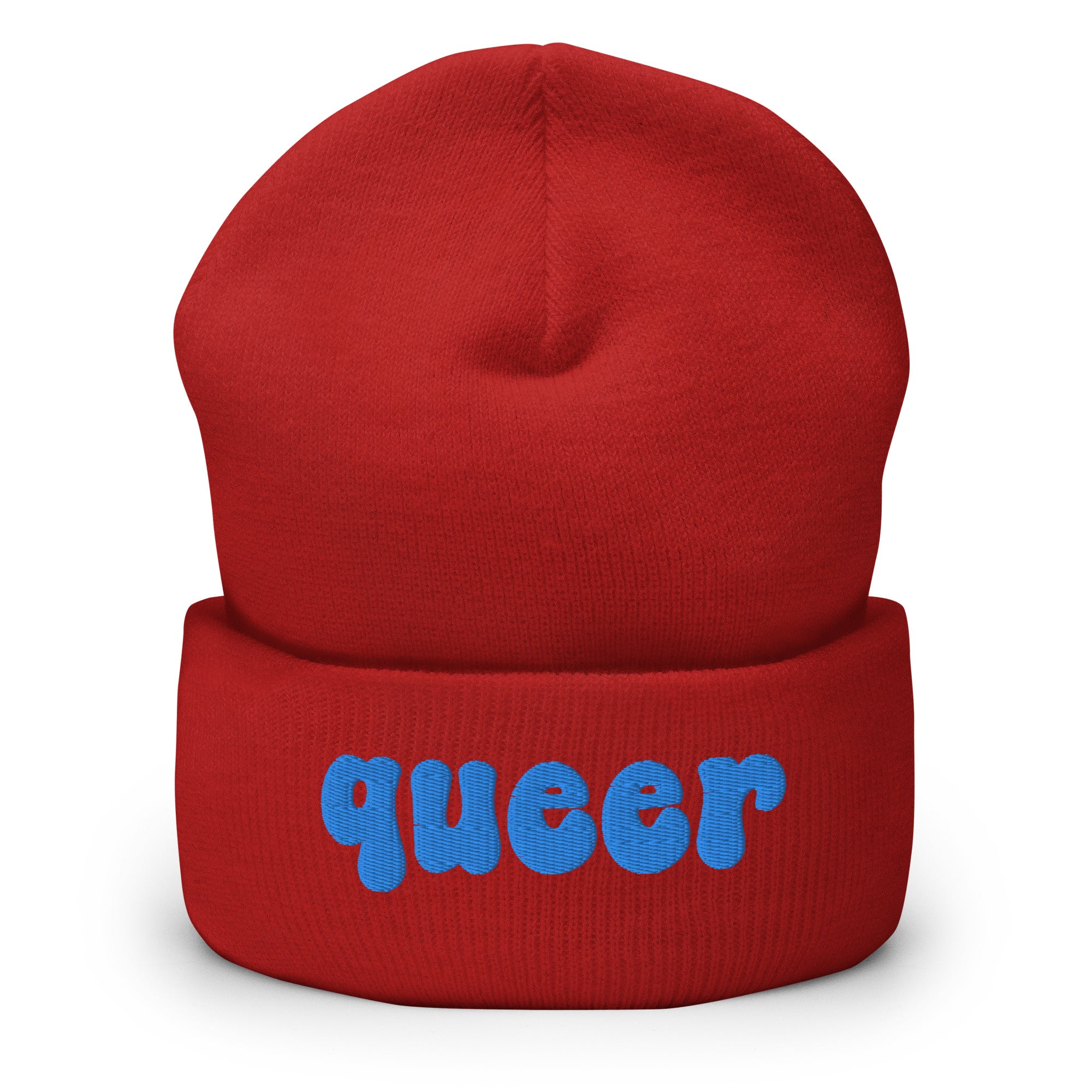 The Queer Beanie by Pridelity, in a delightful baby pink with the word 