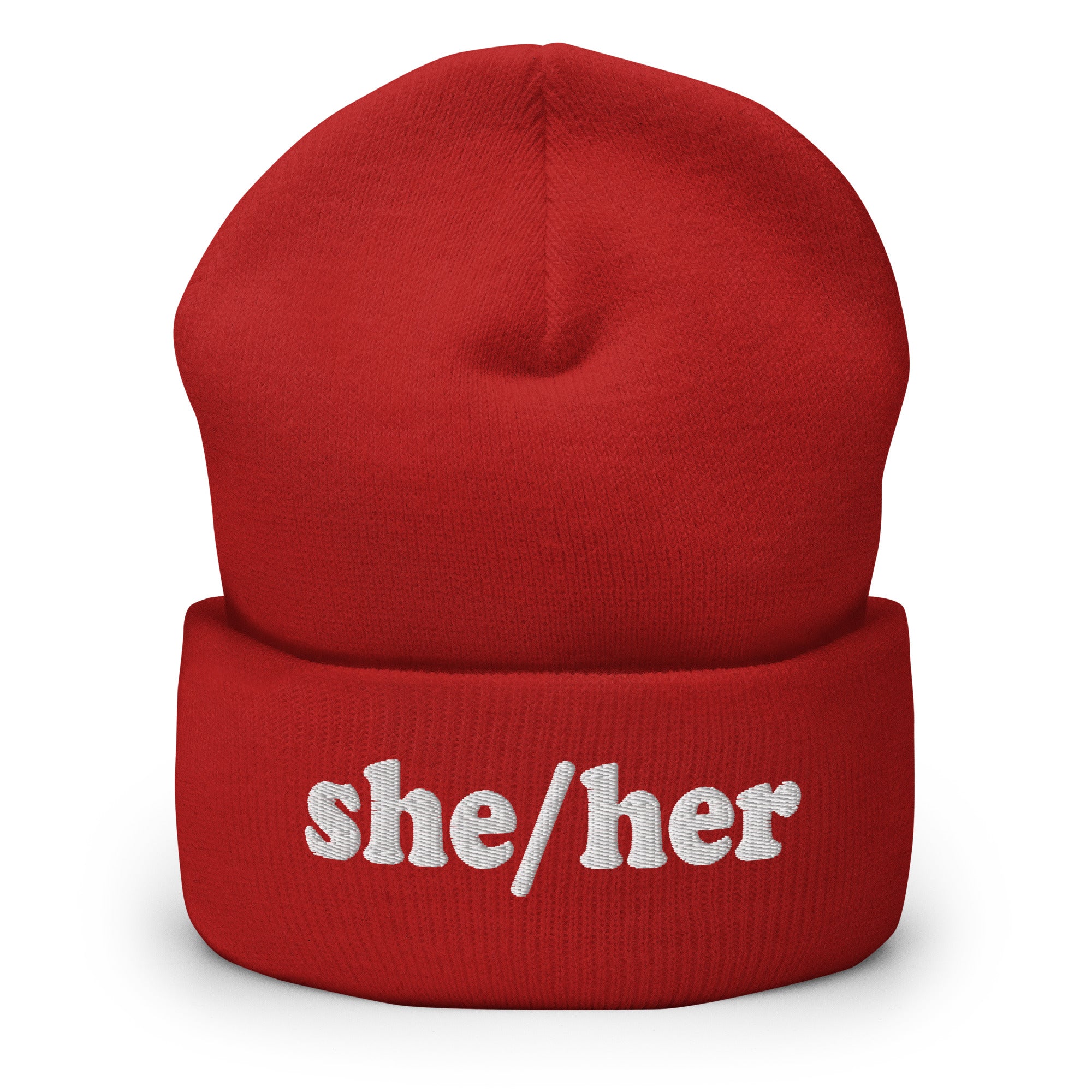 The She/Her Beanie by Pridelity, ideal for those seeking gay clothing options, is a heather grey knit beanie with the pronouns 