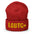 Pridelity's LGBTQ+ Beanie in red features "LGBTQ+" in yellow letters on the front, making it an ideal choice for those embracing gay clothing styles.