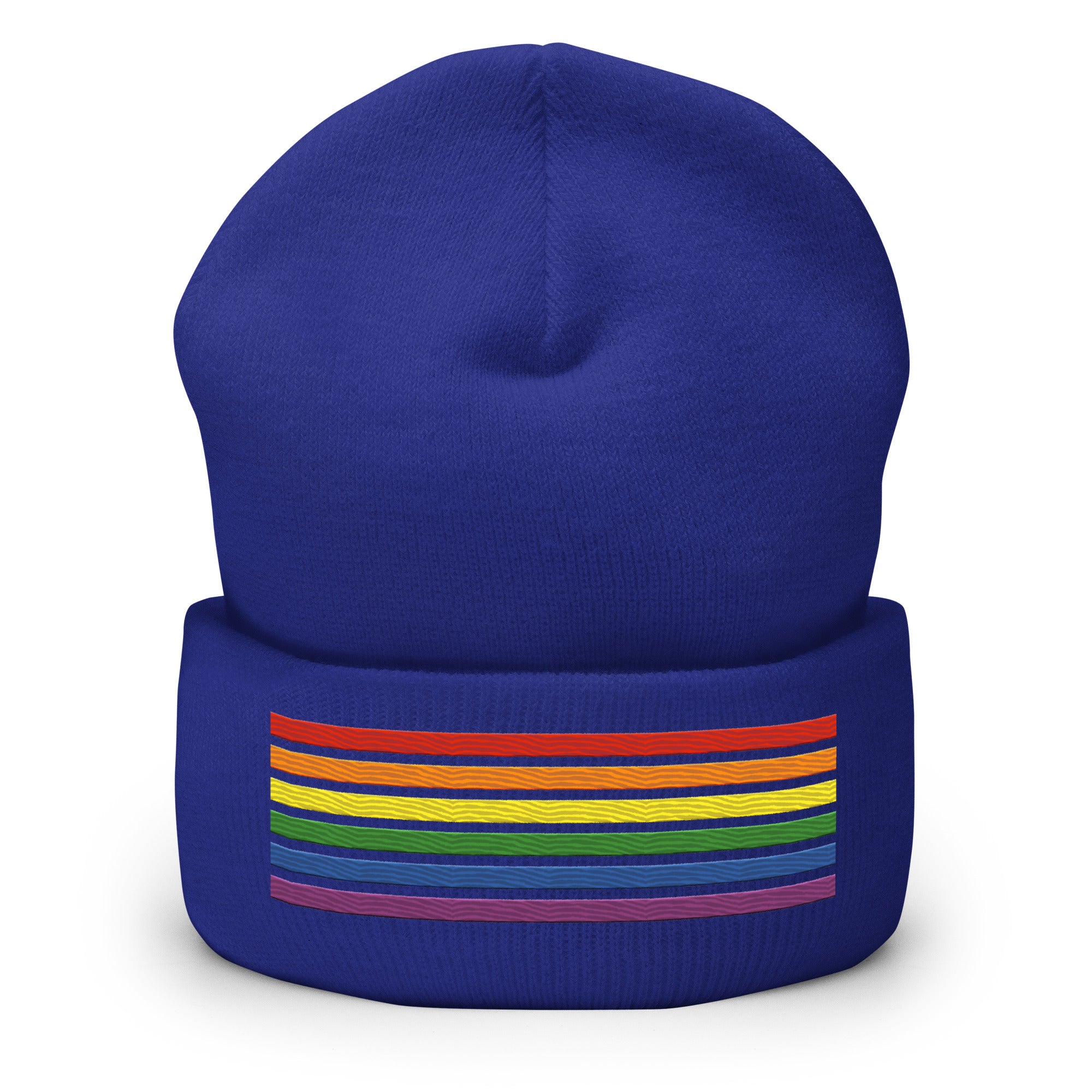 Introducing the Rainbow Beanie from Pridelity, a highlight in gay clothing that features vivid horizontal stripes in red, orange, yellow, green, blue, and purple on a white background.