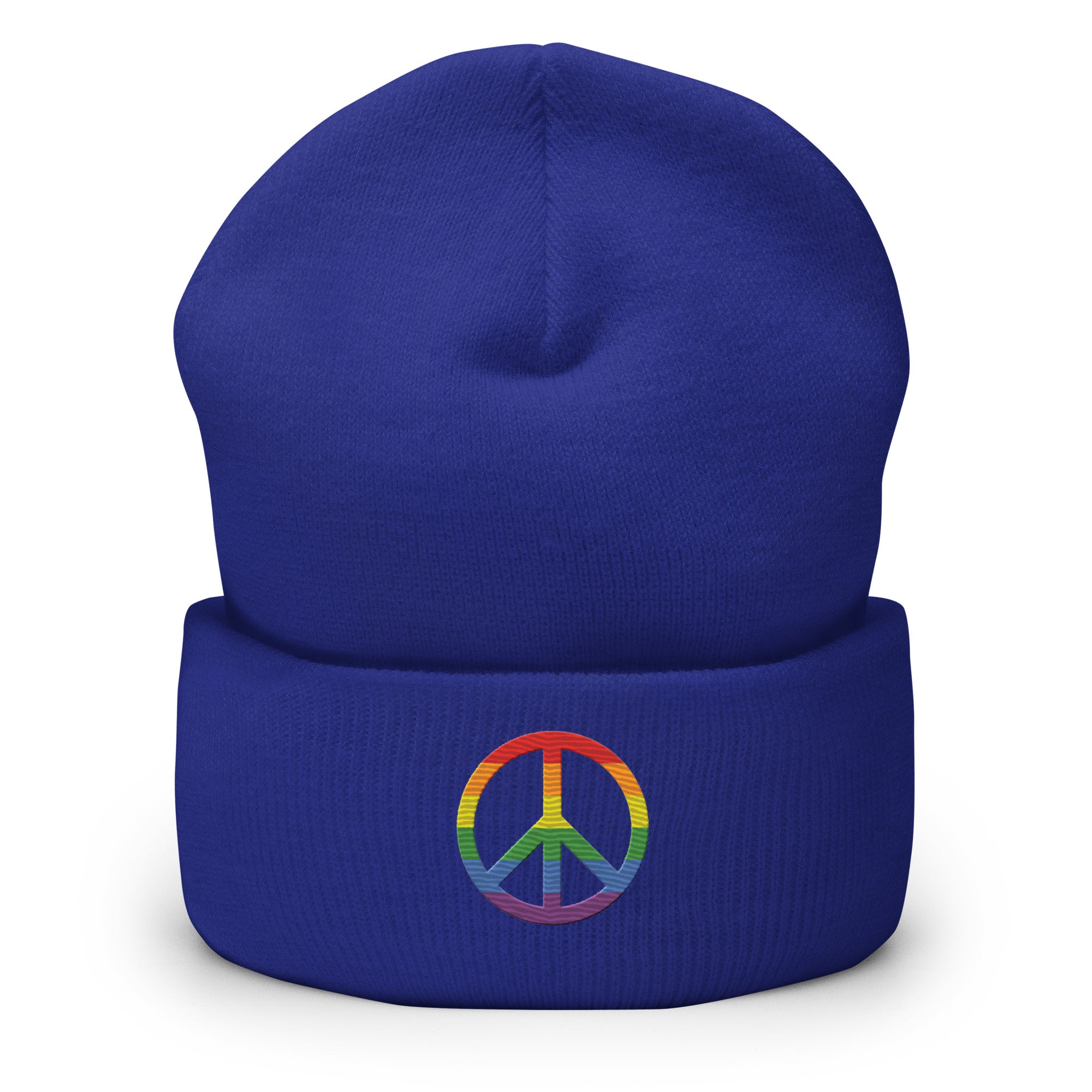 The Pridelity Peace Beanie, in black, showcases a vibrant rainbow-colored peace symbol on the front, making it the perfect accessory to add a touch of pride to any outfit. It is elegantly displayed against a plain white background.