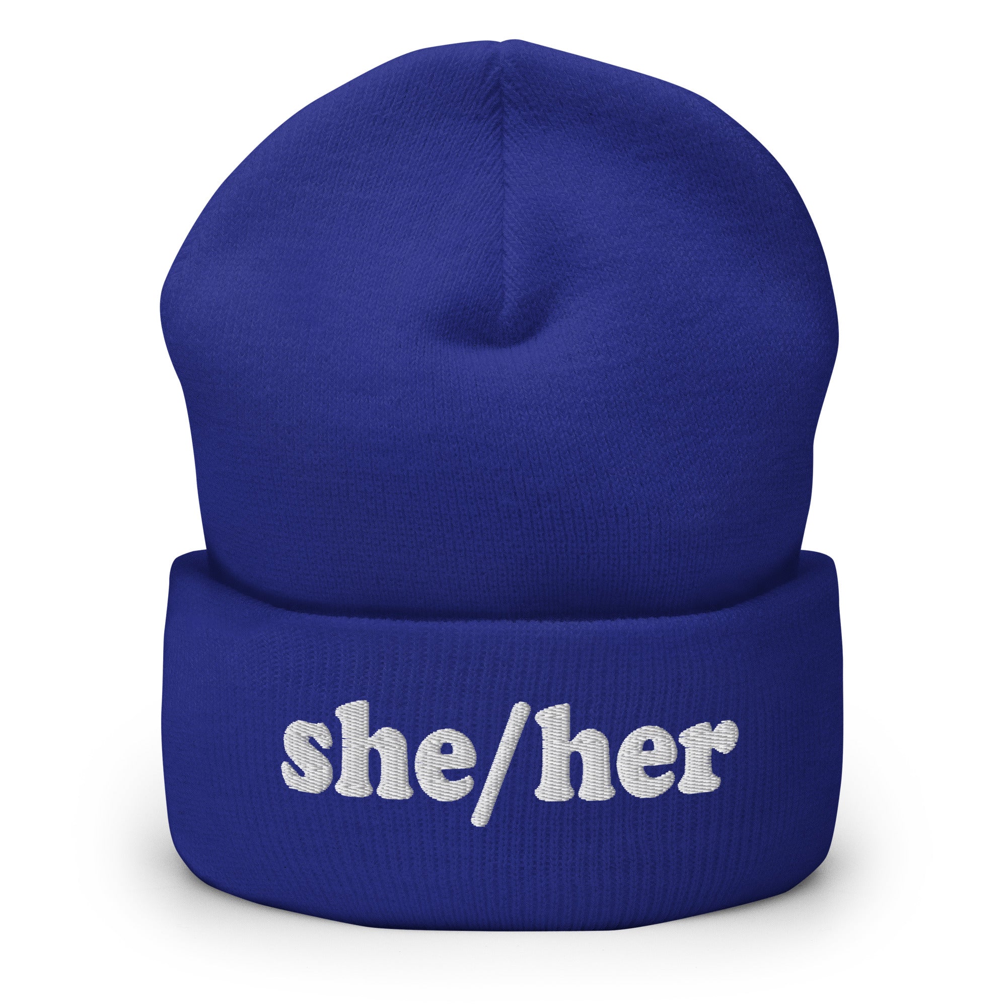 The She/Her Beanie by Pridelity, ideal for those seeking gay clothing options, is a heather grey knit beanie with the pronouns 