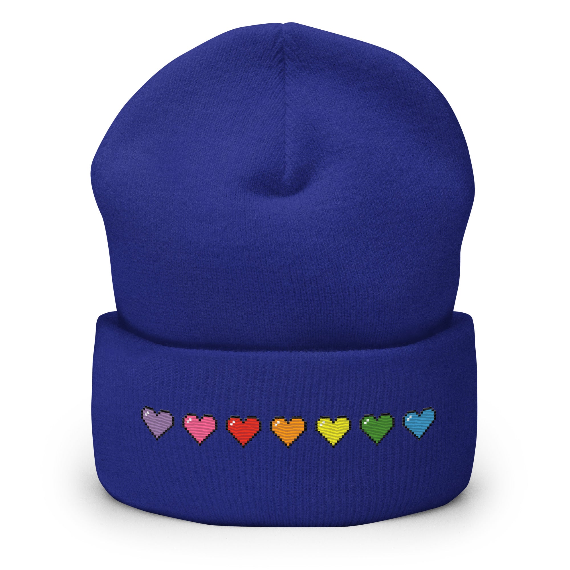 The Pixel Hearts Beanie by Pridelity, in heather grey, celebrates gay pride with a horizontal row of seven stitched pixelated retro gaming-style hearts in the rainbow colors: red, orange, yellow, green, light blue, dark blue, and purple.