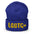 Pridelity's LGBTQ+ Beanie in red features "LGBTQ+" in yellow letters on the front, making it an ideal choice for those embracing gay clothing styles.