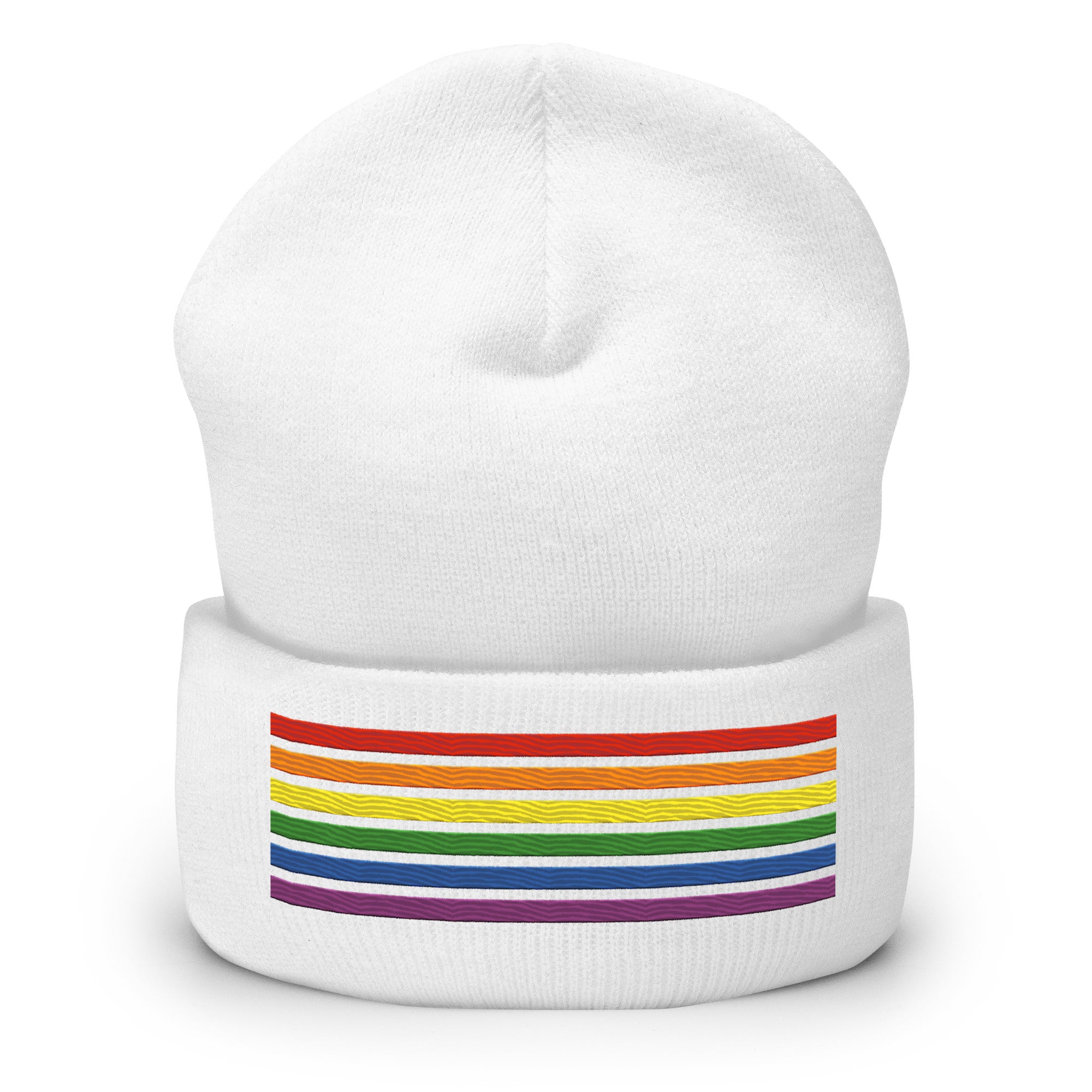 Introducing the Rainbow Beanie from Pridelity, a highlight in gay clothing that features vivid horizontal stripes in red, orange, yellow, green, blue, and purple on a white background.