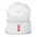 Introducing the Queen Beanie by Pridelity – a stylish white beanie with a chic red embroidered "Q" above a heart symbol on the front, perfect for enhancing any collection of gay clothing.