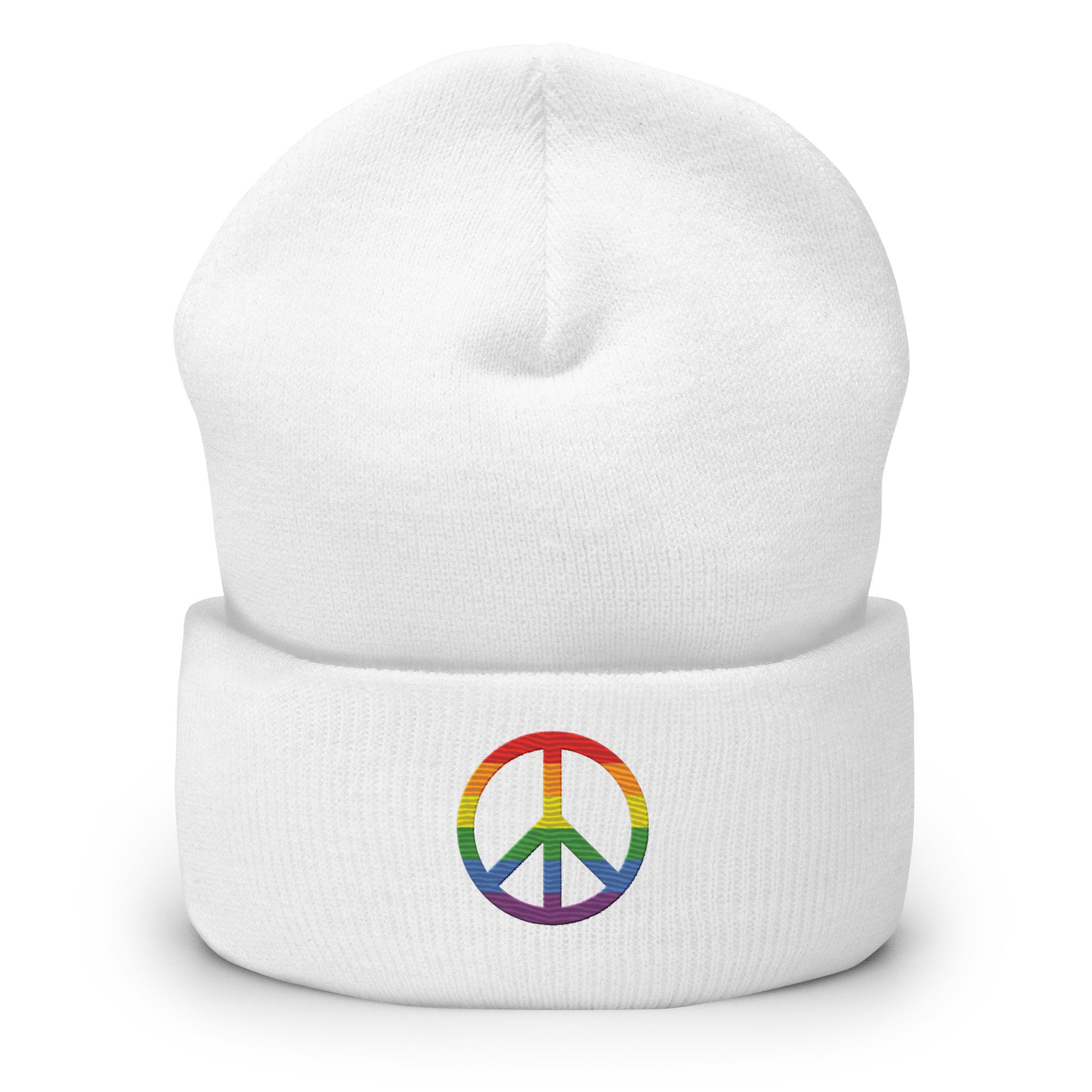 The Pridelity Peace Beanie, in black, showcases a vibrant rainbow-colored peace symbol on the front, making it the perfect accessory to add a touch of pride to any outfit. It is elegantly displayed against a plain white background.