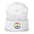 The Pridelity Peace Beanie, in black, showcases a vibrant rainbow-colored peace symbol on the front, making it the perfect accessory to add a touch of pride to any outfit. It is elegantly displayed against a plain white background.