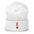 The King Beanie by Pridelity is a white beanie adorned with a red "K" and heart symbol on its folded edge, perfect for individuals expressing their identity through stylish gay clothing.