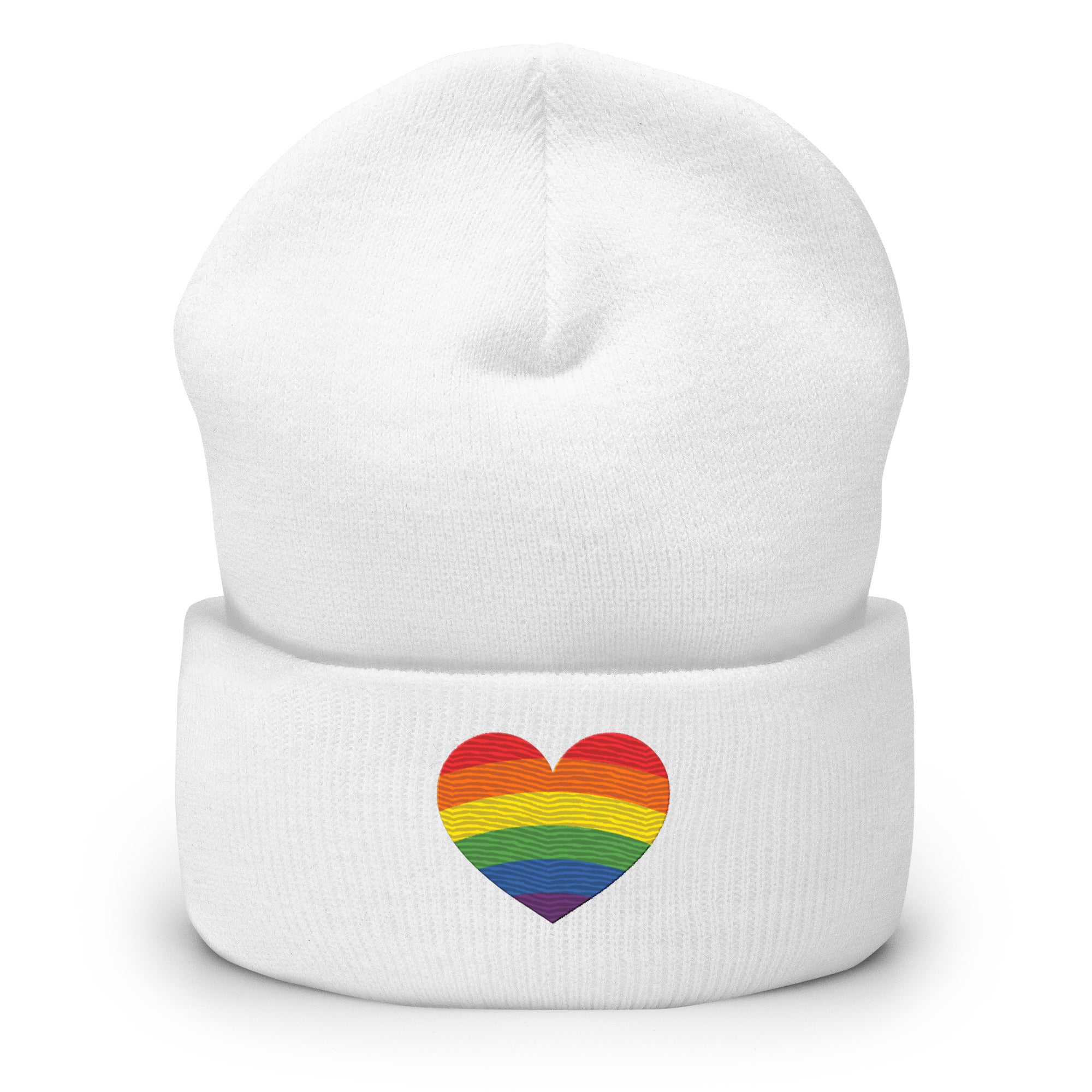 A black Heart Beanie by Pridelity, adorned with a rainbow-striped heart emblem representing the spirit of gay clothing, is showcased against a plain white background. The vibrant heart signifies diversity and inclusion.