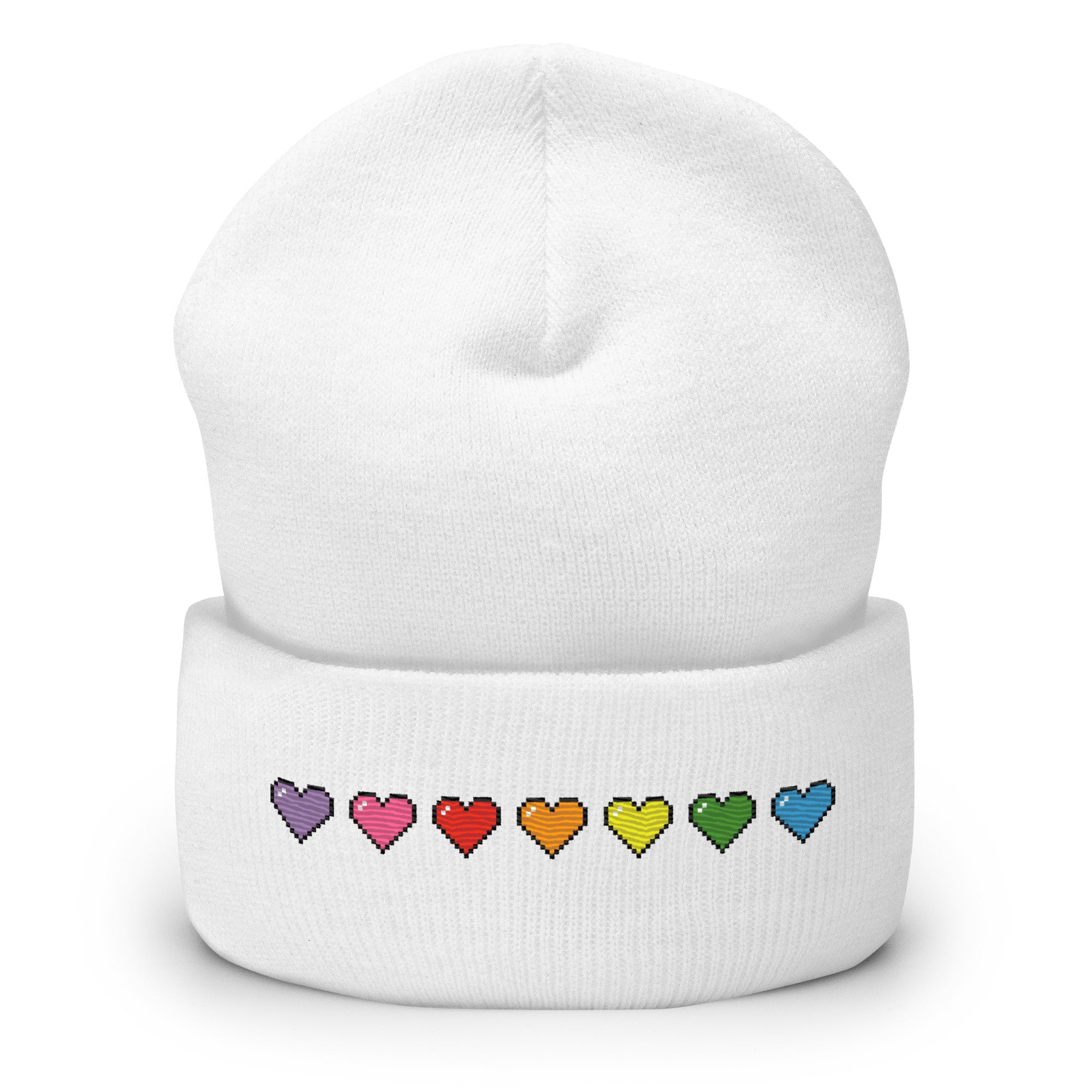 The Pixel Hearts Beanie by Pridelity, in heather grey, celebrates gay pride with a horizontal row of seven stitched pixelated retro gaming-style hearts in the rainbow colors: red, orange, yellow, green, light blue, dark blue, and purple.