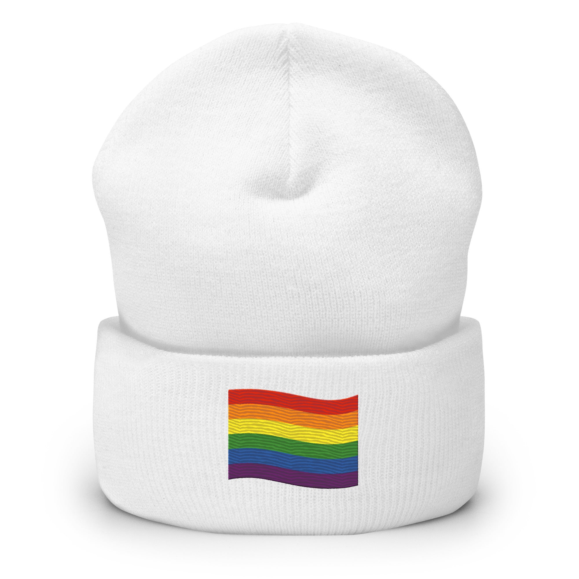 The Pride Flag Beanie by Pridelity is a white beanie adorned with an embroidered colorful rainbow flag on its folded brim, ideal for anyone looking for gay clothing that celebrates identity. The vibrant flag showcases red, orange, yellow, green, blue, and purple stripes representing LGBTQ+ pride.