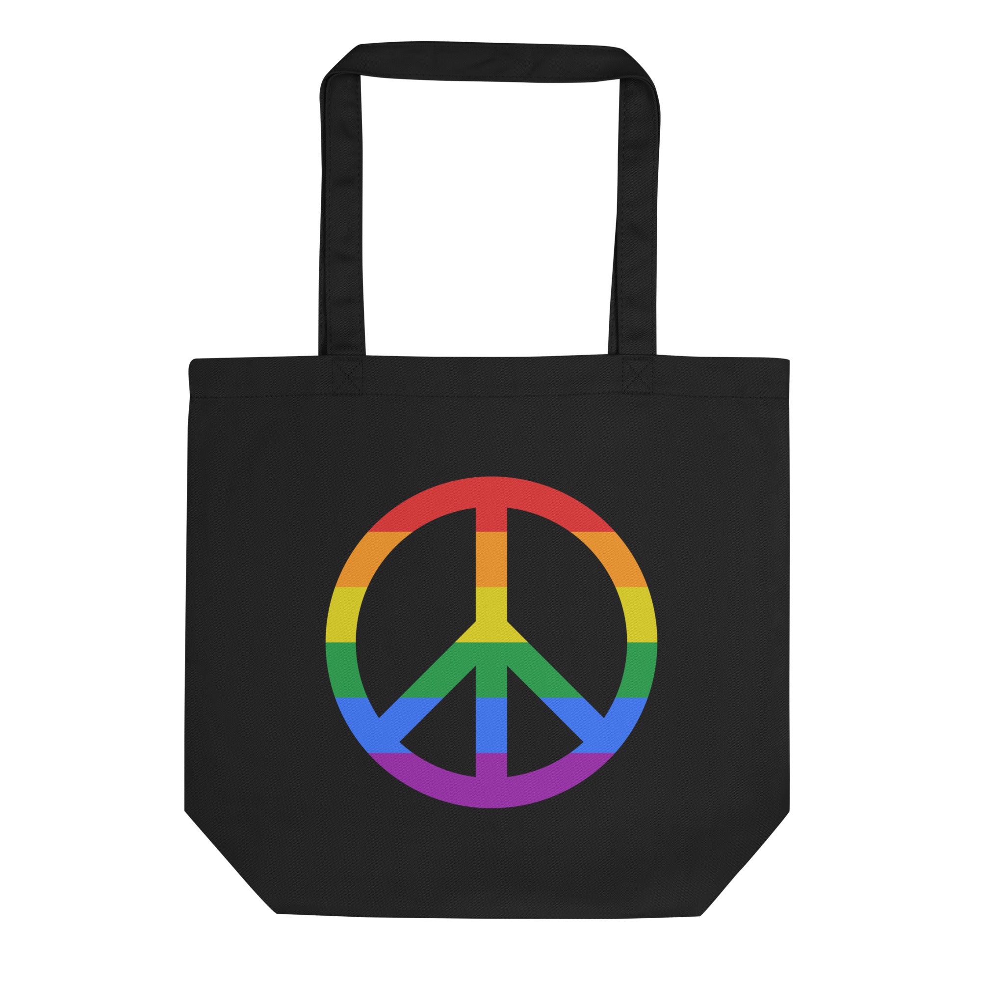 Introducing the Peace Tote Bag by Pridelity, a sleek black tote adorned with a captivating rainbow-colored peace sign at its center and vibrant horizontal stripes. Featuring two comfortable shoulder straps, it's perfect for everyday use and available exclusively at Rainbow Store.