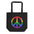 Introducing the Peace Tote Bag by Pridelity, a sleek black tote adorned with a captivating rainbow-colored peace sign at its center and vibrant horizontal stripes. Featuring two comfortable shoulder straps, it's perfect for everyday use and available exclusively at Rainbow Store.