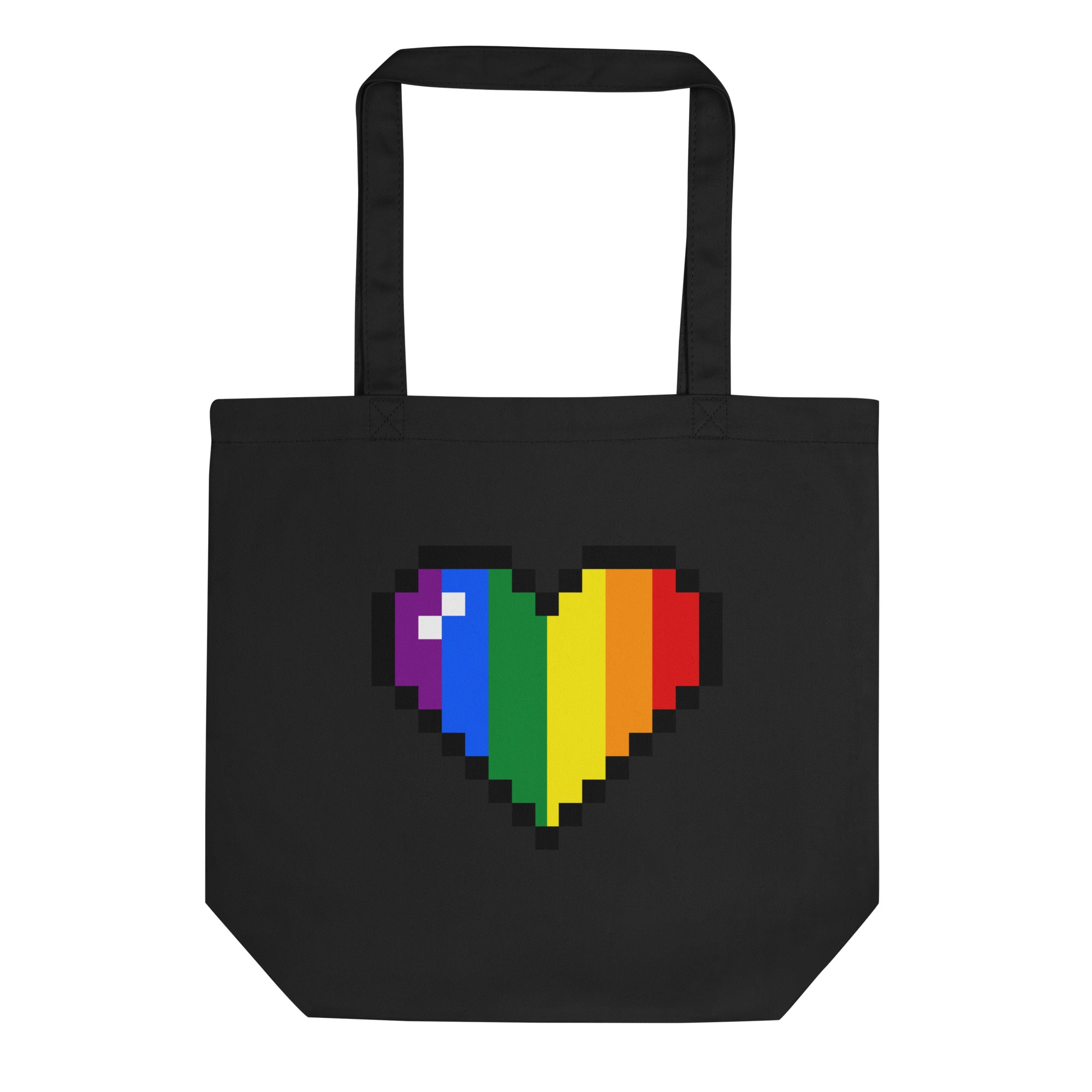 The Pixel Heart Tote Bag by Pridelity features a vibrant pixelated heart design, celebrating LGBTQ+ pride on a sleek black background.