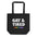 A black tote bag from Pridelity, known as the Gay & Tired Tote Bag, prominently displays "GAY & TIRED" in bold white letters. Below, "send help" is highlighted in vibrant rainbow colors, capturing the lively essence of a Rainbow Store item.