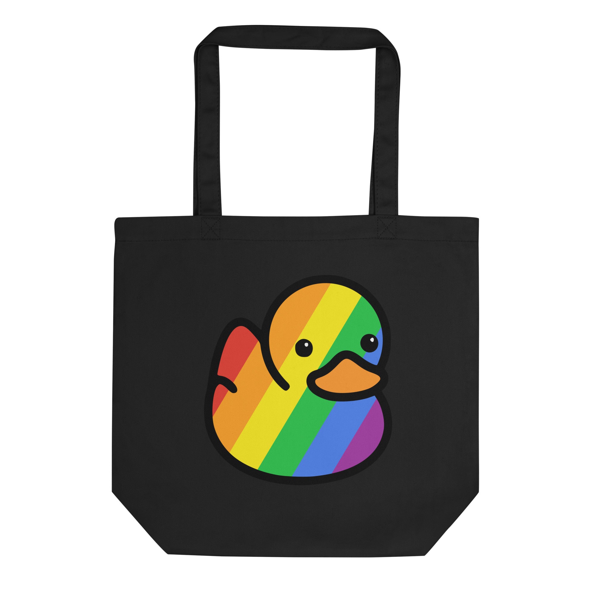 The Pride Duck Tote Bag from Pridelity is black and showcases an adorable duck illustration adorned with a vibrant rainbow pattern.