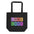 A black Love Tote Bag by Pridelity features the word "LOVE" repeated in bold letters, each letter housed in a block of vibrant pink, orange, yellow, green, blue, and purple colors—truly a stunning rainbow display.