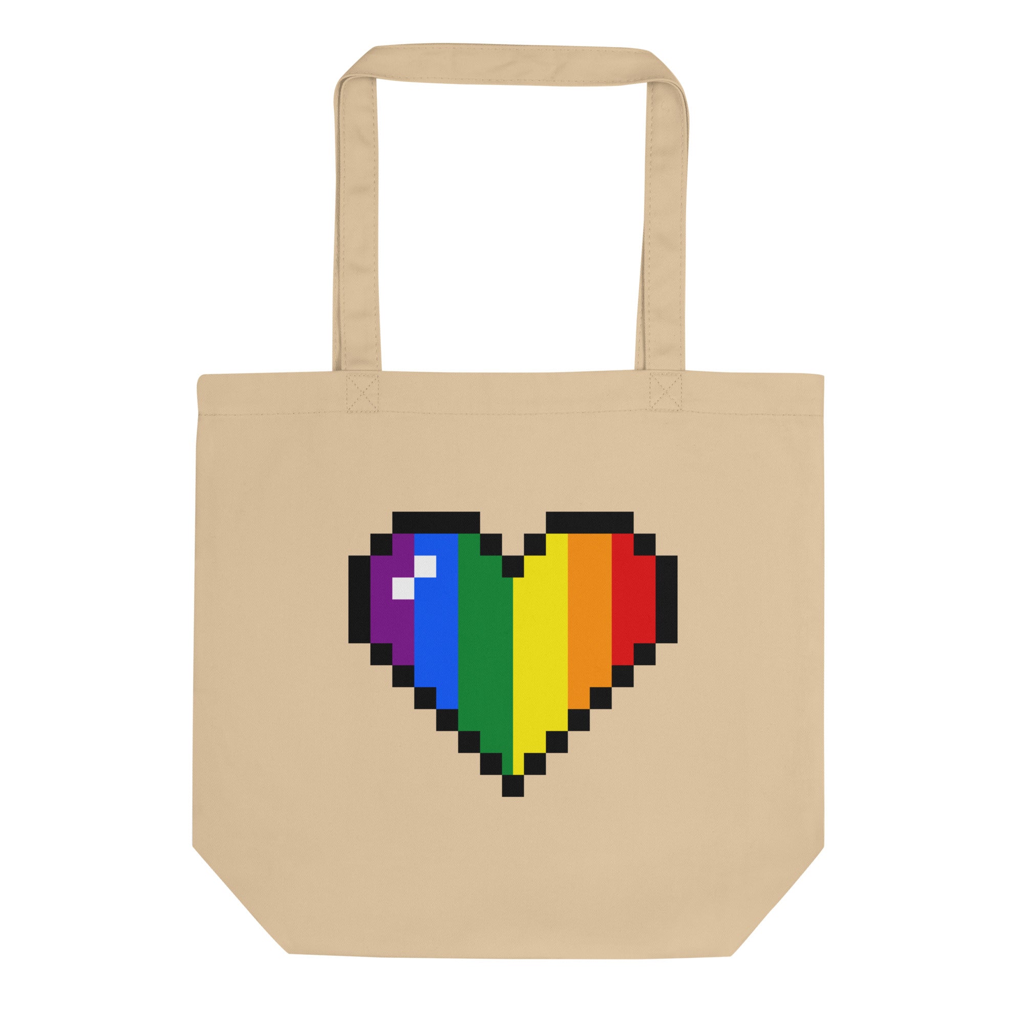 The Pixel Heart Tote Bag by Pridelity features a vibrant pixelated heart design, celebrating LGBTQ+ pride on a sleek black background.