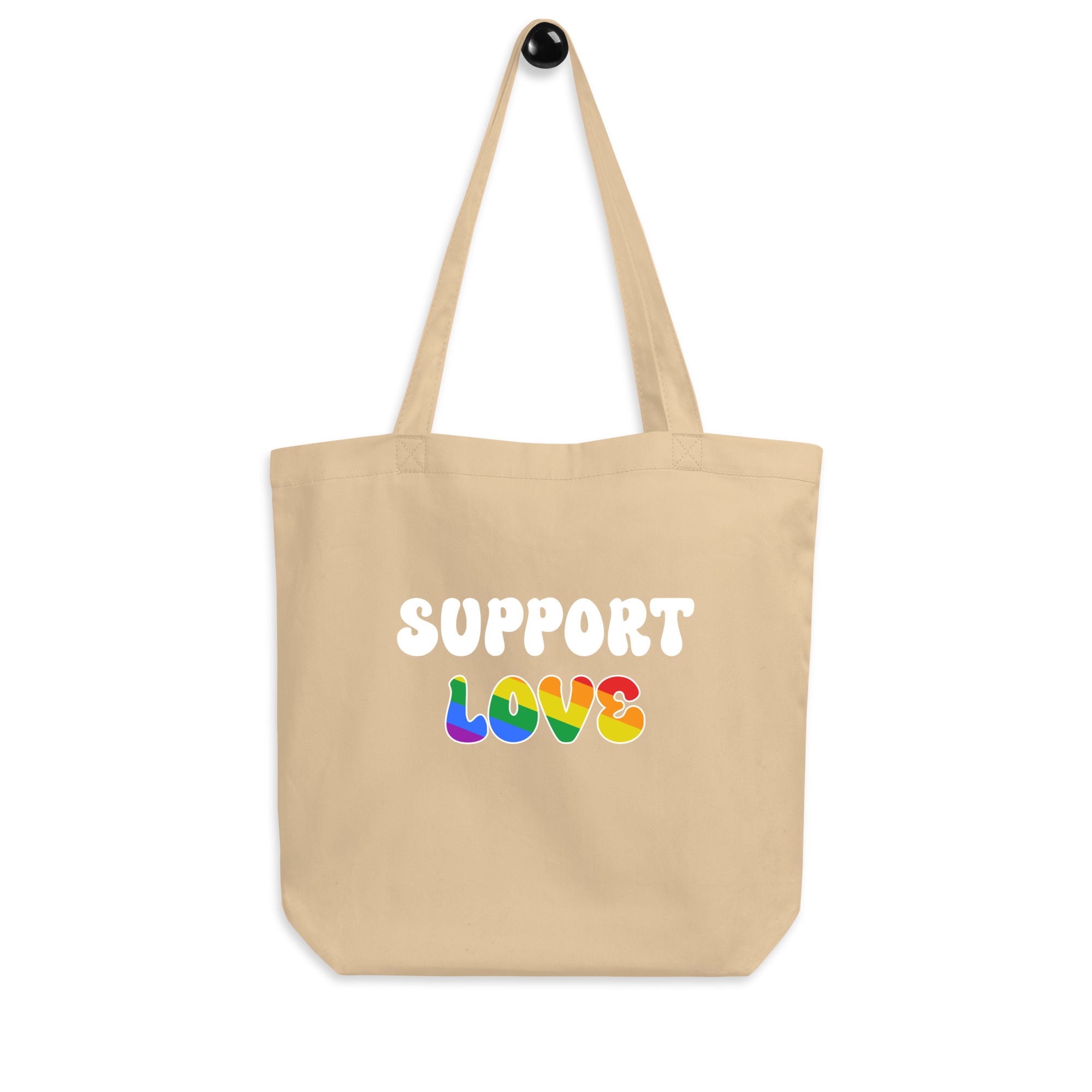 Introducing the Support Love Tote Bag by Pridelity: a stylish black tote bag adorned with the phrase 