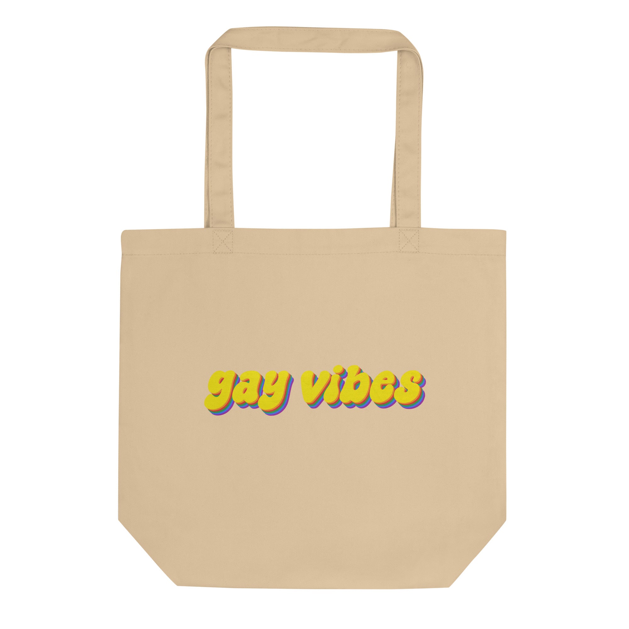 Introducing the Gay Vibes Tote Bag from Pridelity, a stylish black tote that proudly displays 