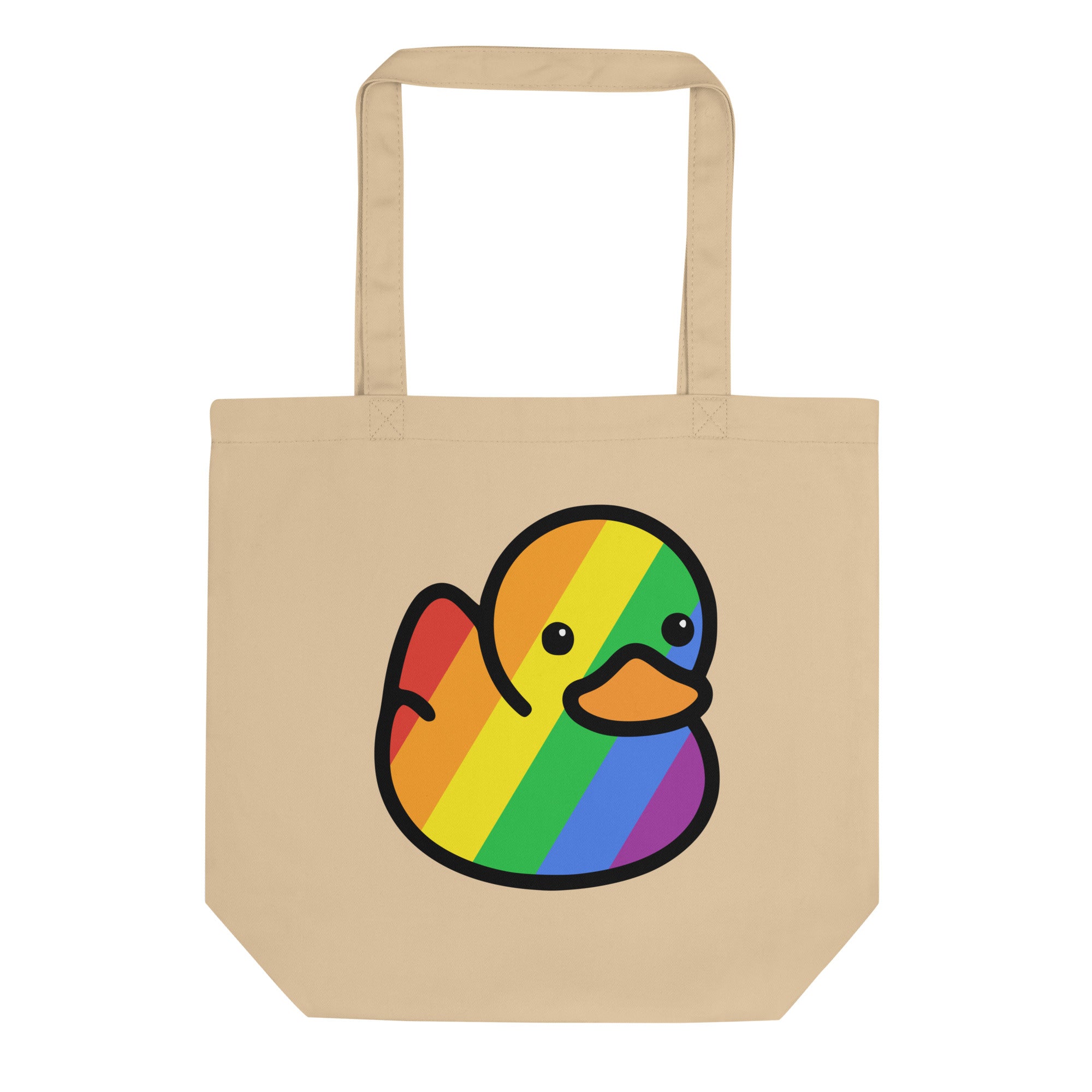 The Pride Duck Tote Bag from Pridelity is black and showcases an adorable duck illustration adorned with a vibrant rainbow pattern.