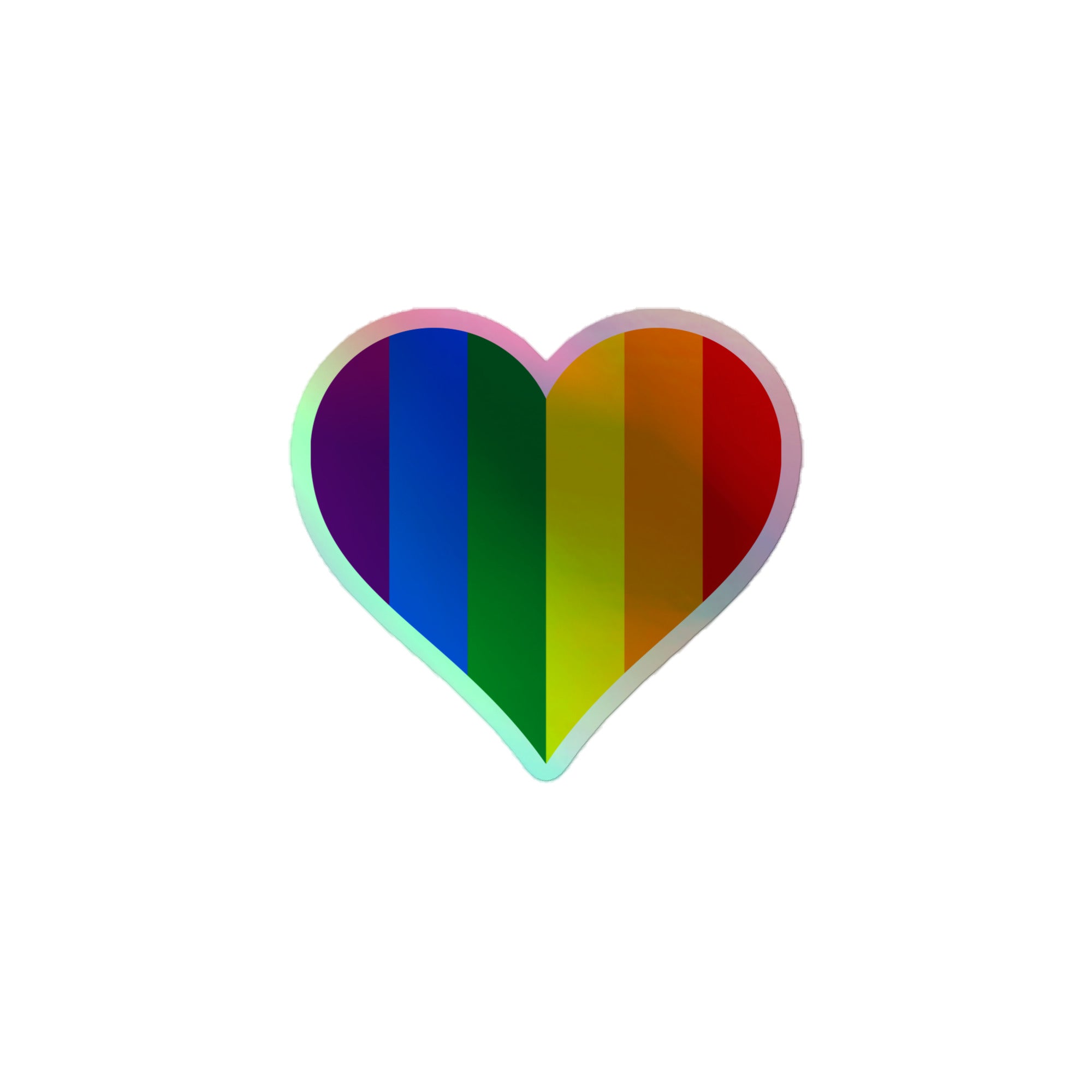 The Heart Holo Sticker by Pridelity features a heart-shaped symbol decorated with vertical rainbow stripes that smoothly transition from purple to red against a white background. This vibrant design captures the essence of LGBTQ+ pride, making it an ideal addition to your pride merch collection celebrating love and diversity.