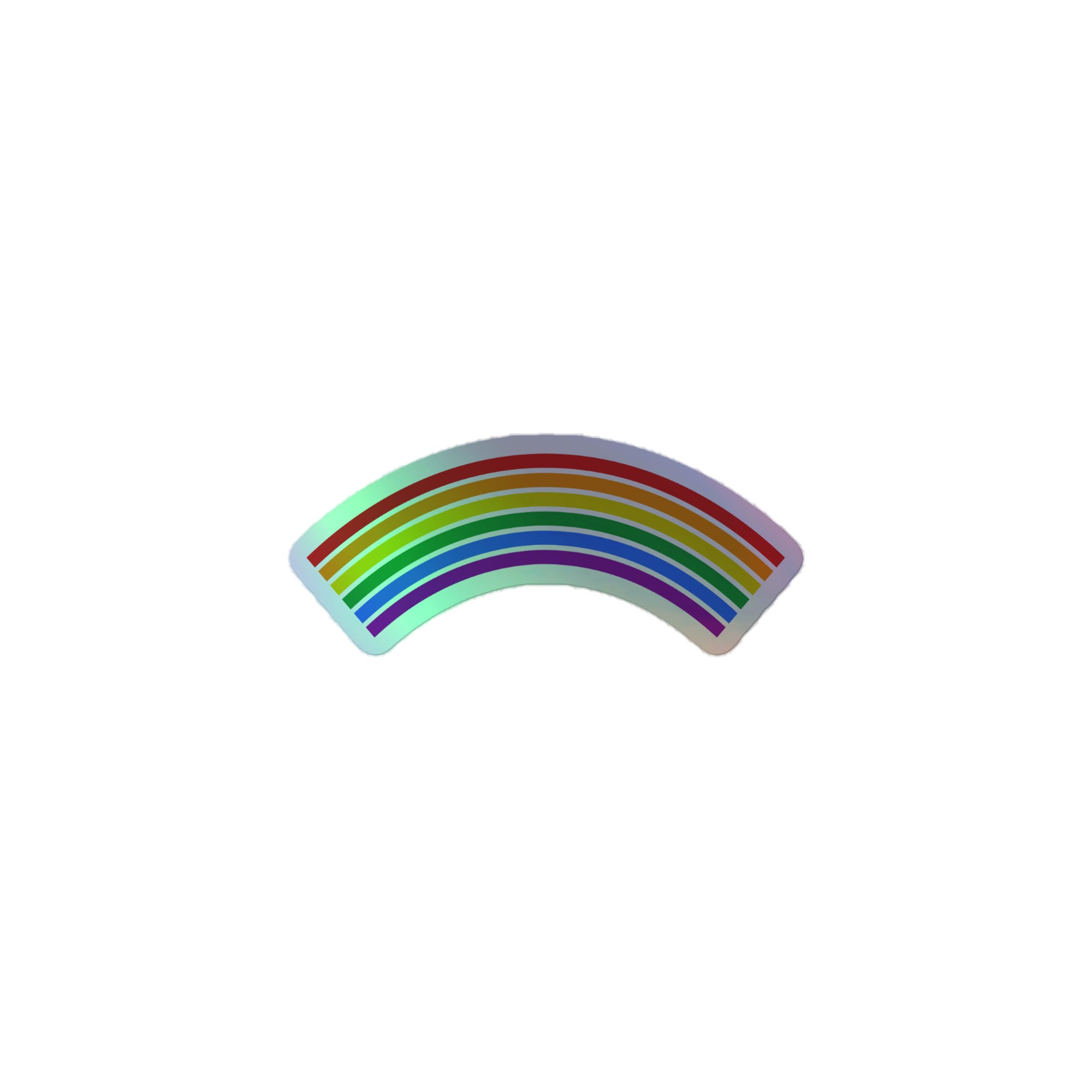 Introducing the Rainbow Holo Sticker by Pridelity: a vibrant pride merchandise item featuring a rainbow with seven distinct stripes—red, orange, yellow, green, blue, indigo, and violet. This slightly curved rainbow is elegantly displayed against a plain white background.