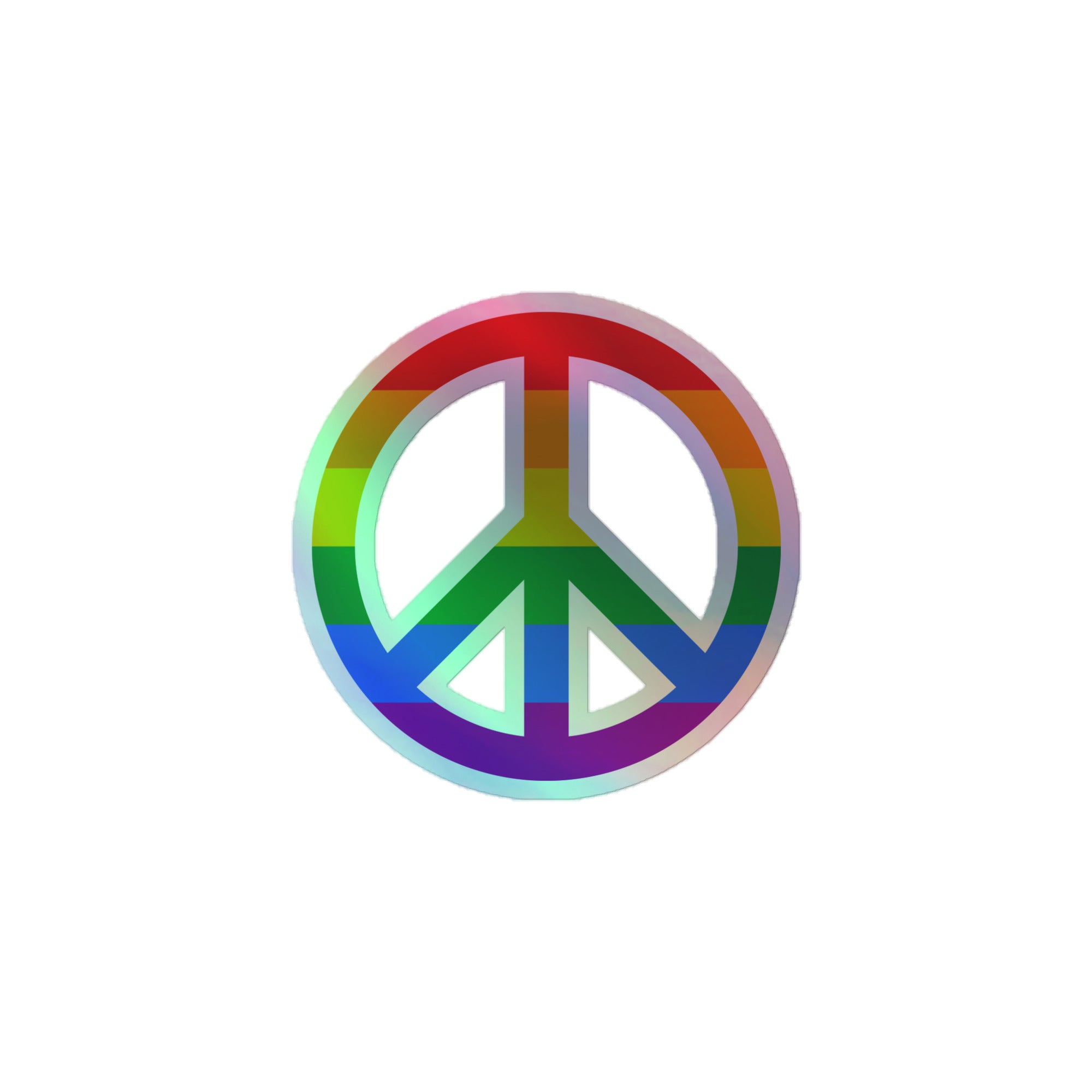 The Peace Holo Sticker by Pridelity features a peace symbol filled with horizontal rainbow stripes on a white background, perfectly representing diversity and inclusivity for pride merch.