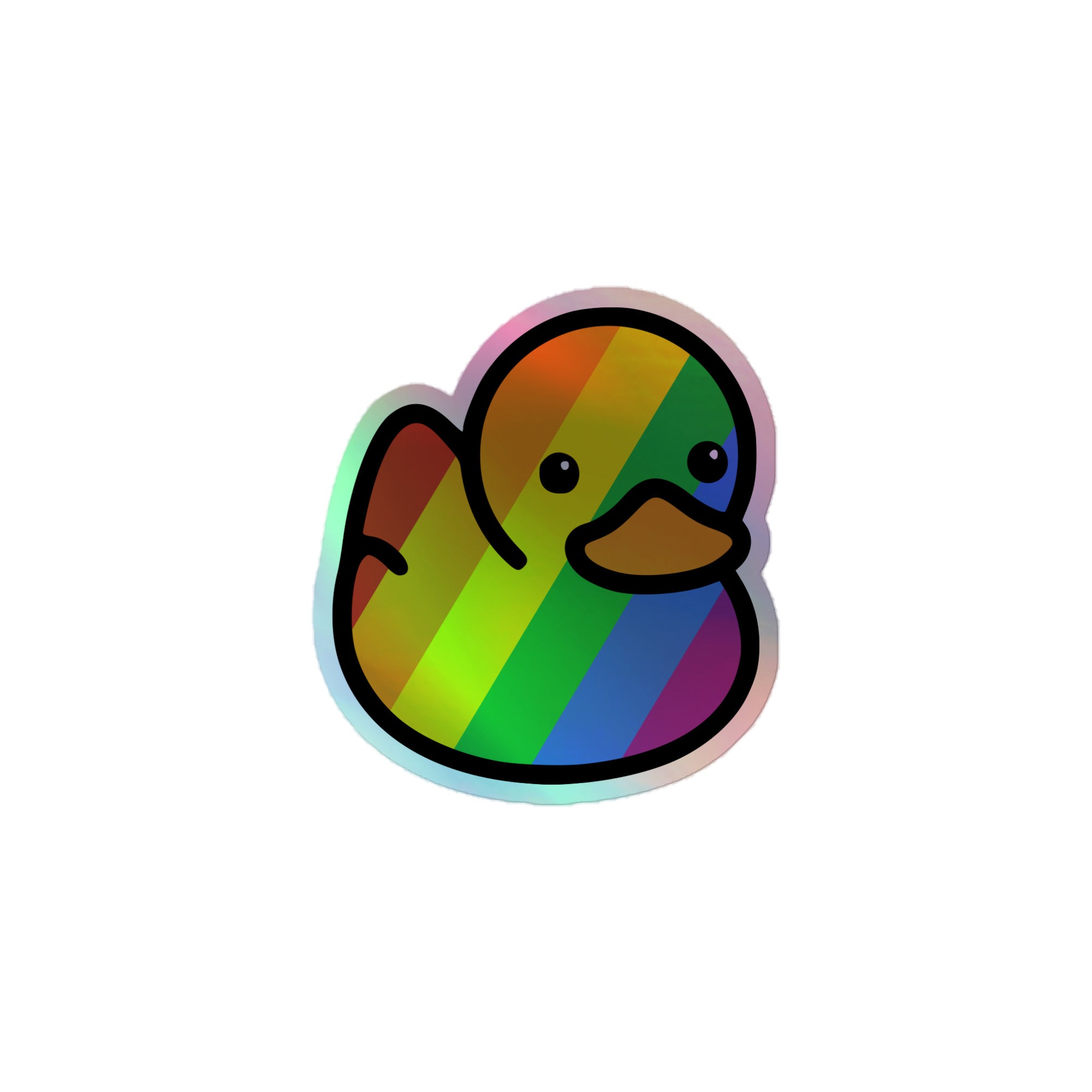 The Pride Duck Holo Sticker from Pridelity showcases a delightful design of a rubber duck with a rainbow gradient, outlined in black. Its simplistic beak and eyes add a cute, cartoonish charm, making it an ideal choice for pride merch enthusiasts looking to enhance their collection with something adorable yet meaningful.