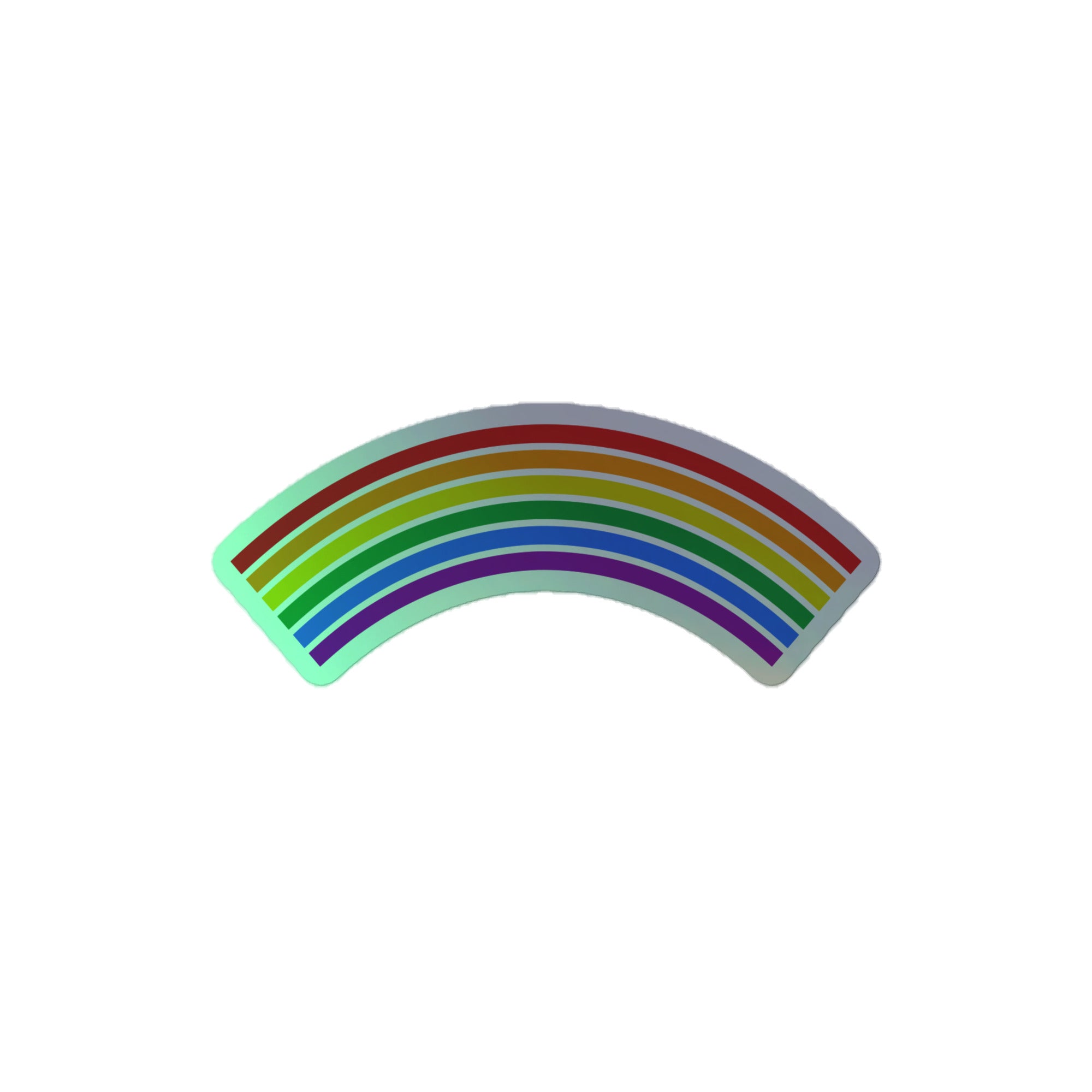 Introducing the Rainbow Holo Sticker by Pridelity: a vibrant pride merchandise item featuring a rainbow with seven distinct stripes—red, orange, yellow, green, blue, indigo, and violet. This slightly curved rainbow is elegantly displayed against a plain white background.