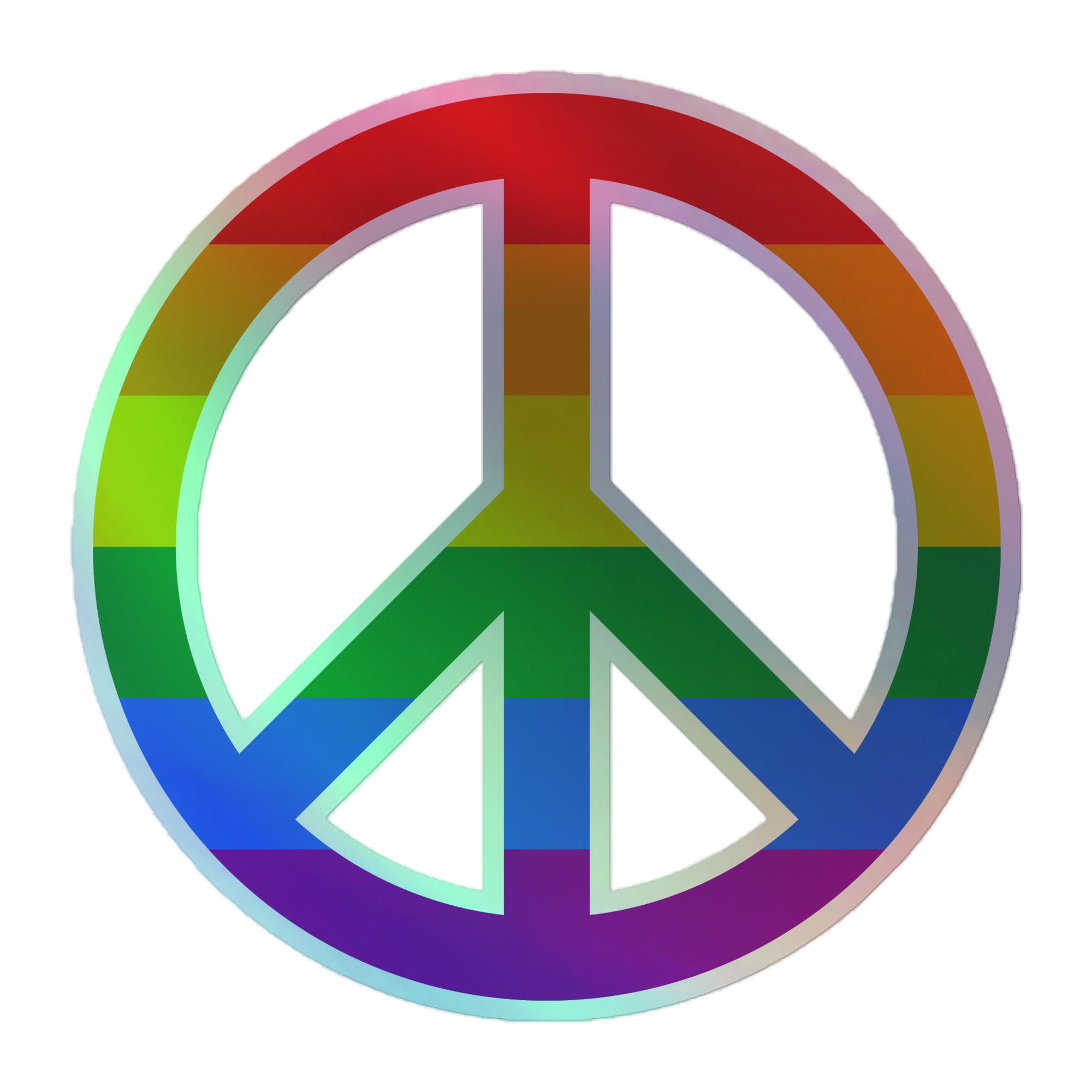 The Peace Holo Sticker by Pridelity features a peace symbol filled with horizontal rainbow stripes on a white background, perfectly representing diversity and inclusivity for pride merch.