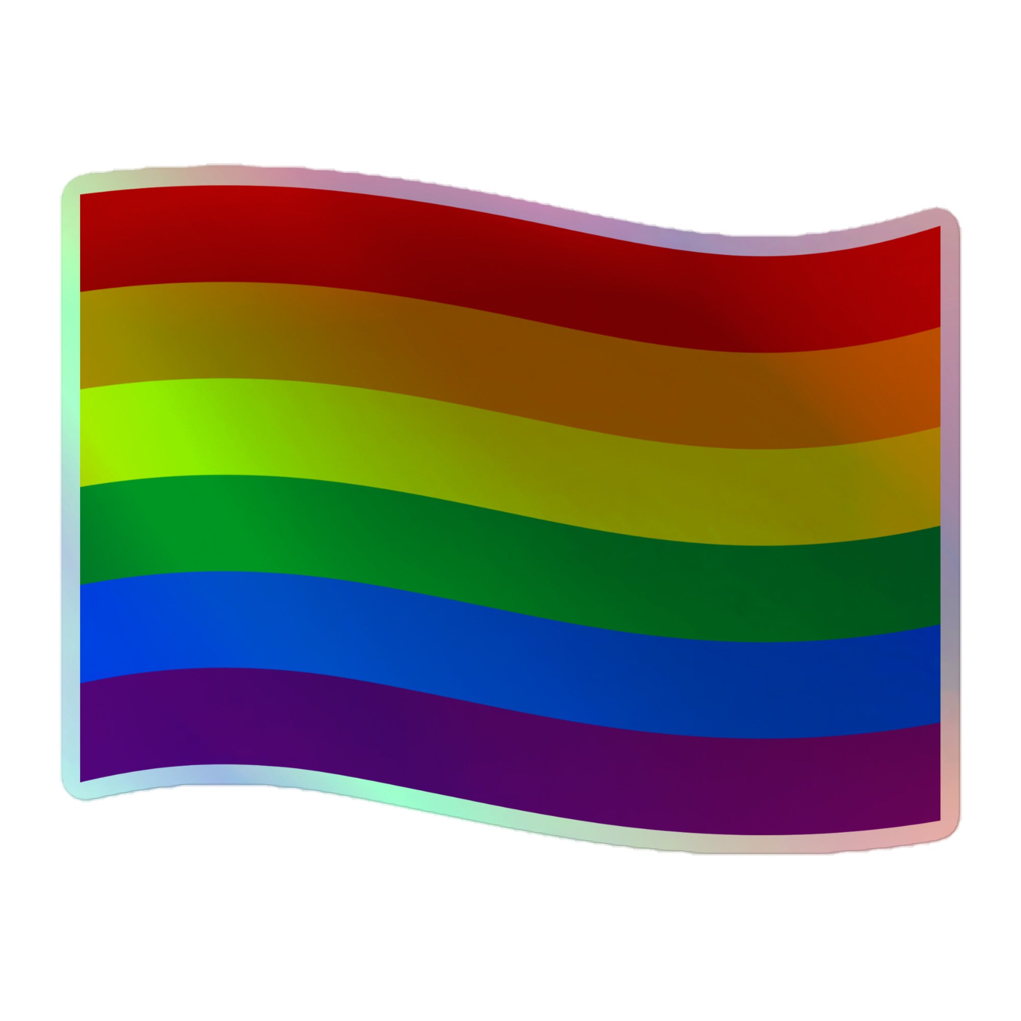 The Pride Flag Holo Sticker by Pridelity, featuring a wavy design with six horizontal stripes in red, orange, yellow, green, blue, and purple, proudly represents LGBTQ+ pride. It's perfect for any rainbow shop looking to display vibrant support.