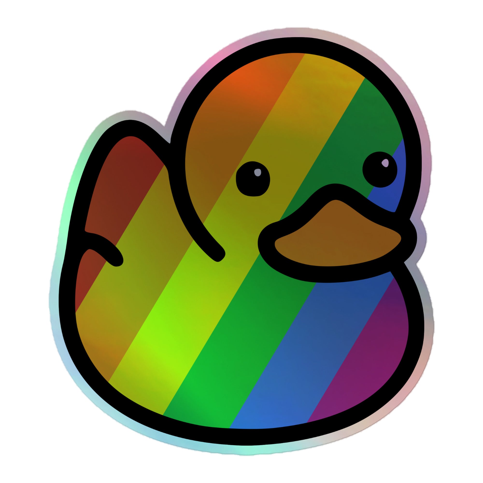 The Pride Duck Holo Sticker from Pridelity showcases a delightful design of a rubber duck with a rainbow gradient, outlined in black. Its simplistic beak and eyes add a cute, cartoonish charm, making it an ideal choice for pride merch enthusiasts looking to enhance their collection with something adorable yet meaningful.