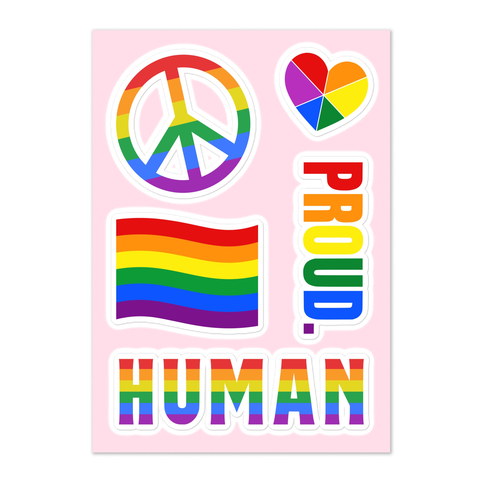 A collection of Pridelity's Rainbow Sticker Sheet on a light pink background, featuring a peace sign, heart, striped flag, and the words 