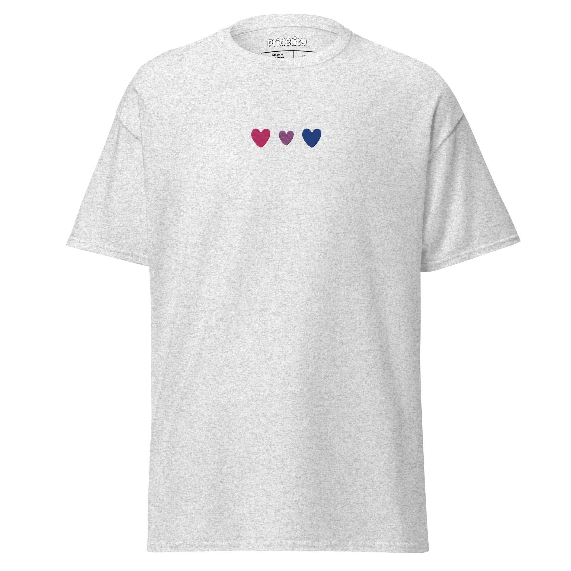 The beige Bisexual Love T-Shirt from Pridelity's Pride Collection features three small heart symbols across the chest: one red, one pink, and one dark blue.