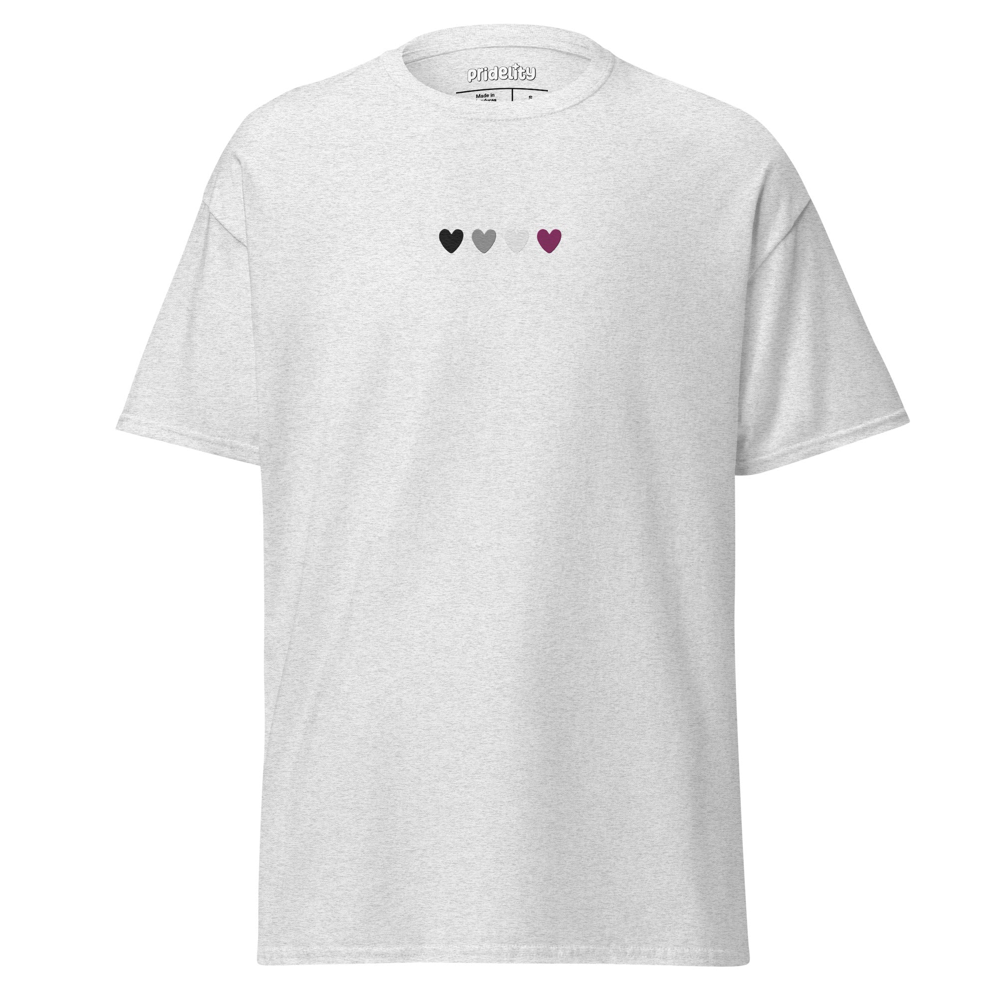 The Asexual Love T-Shirt by Pridelity is a maroon t-shirt adorned with five small hearts across the chest in shades of green, gray, and purple. It is perfect for any Pride Collection, with 