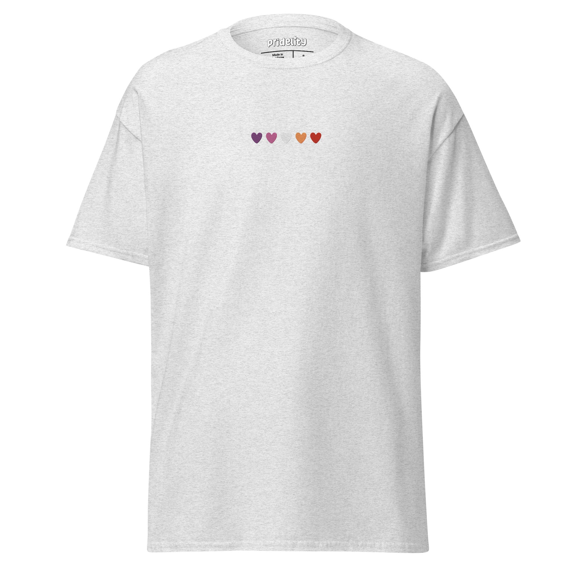 A maroon t-shirt called the Lesbian Love T-Shirt features six small hearts across the chest, each in different colors: purple, blue, teal, green, orange, and yellow. The brand name 