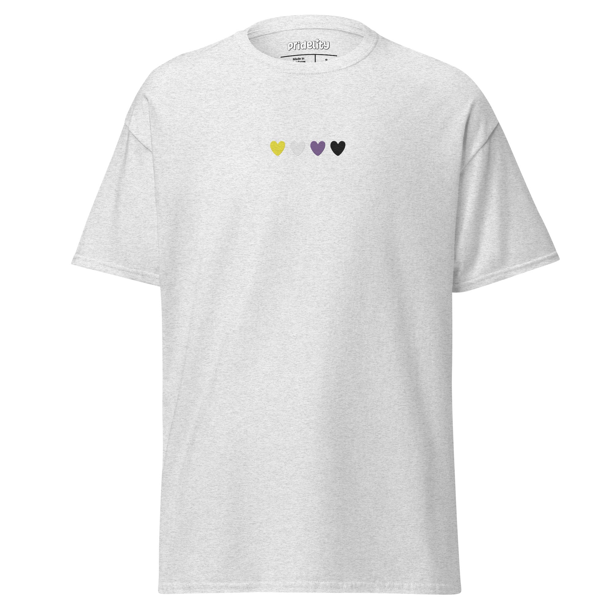 Introducing the Nonbinary Love T-Shirt by Pridelity, a stylish Azalea shirt adorned with a small row of four hearts on the chest. The hearts come in yellow, light pink, dark pink, and black hues to symbolize inclusivity.