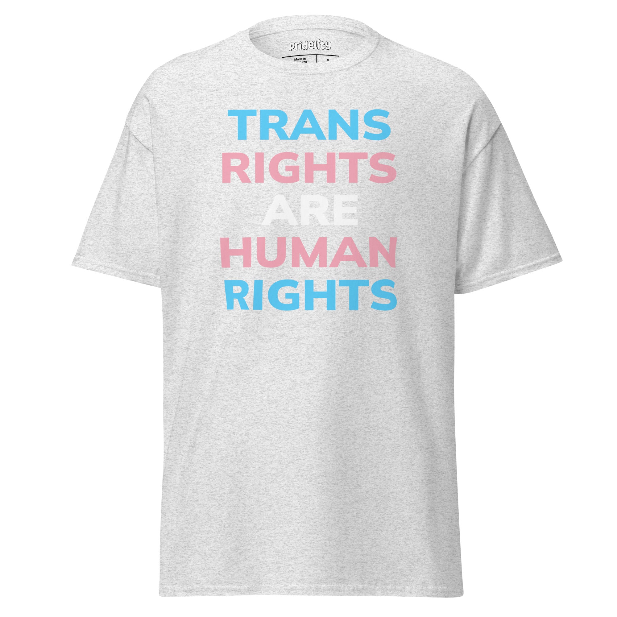 A Pridelity Trans Rights T-Shirt in black, featuring the phrase 