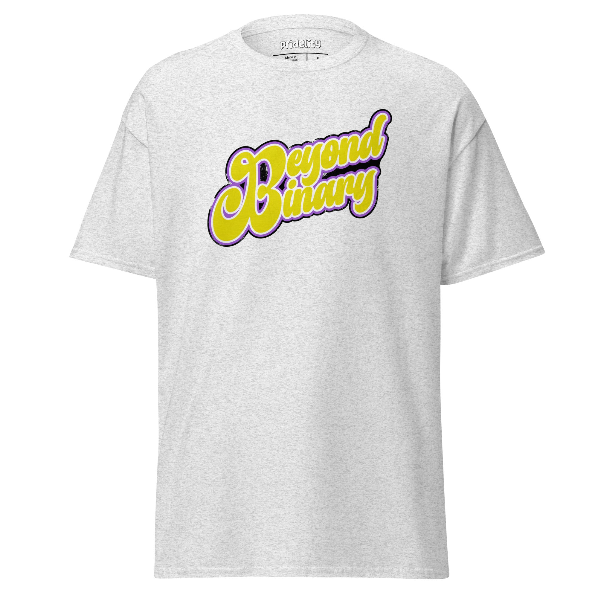 The Beyond Binary T-Shirt from Pridelity showcases bold, stylized purple and yellow text reading 