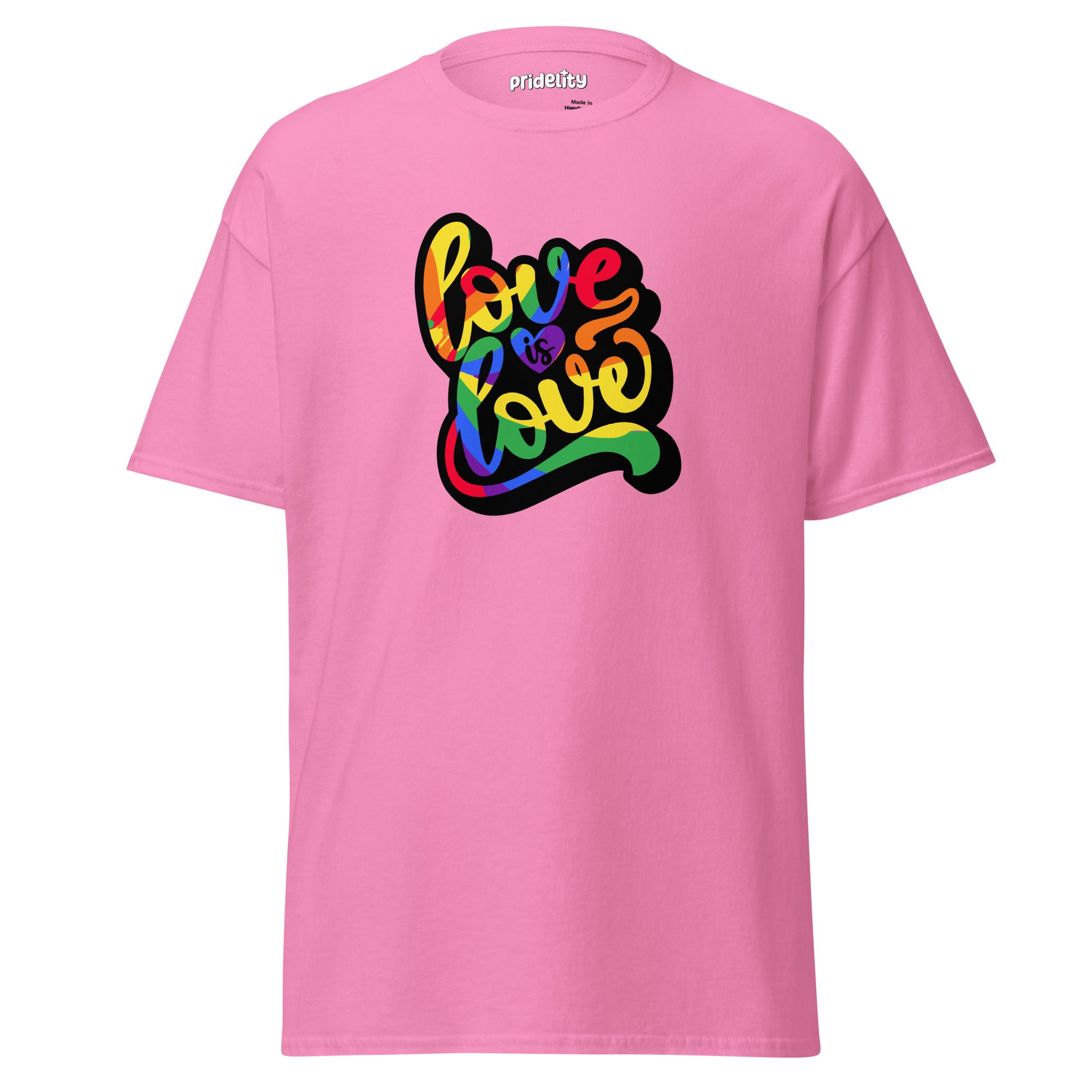 The Love Is Love T-Shirt by Pridelity is a royal blue shirt adorned with the vibrant, multicolored phrase 