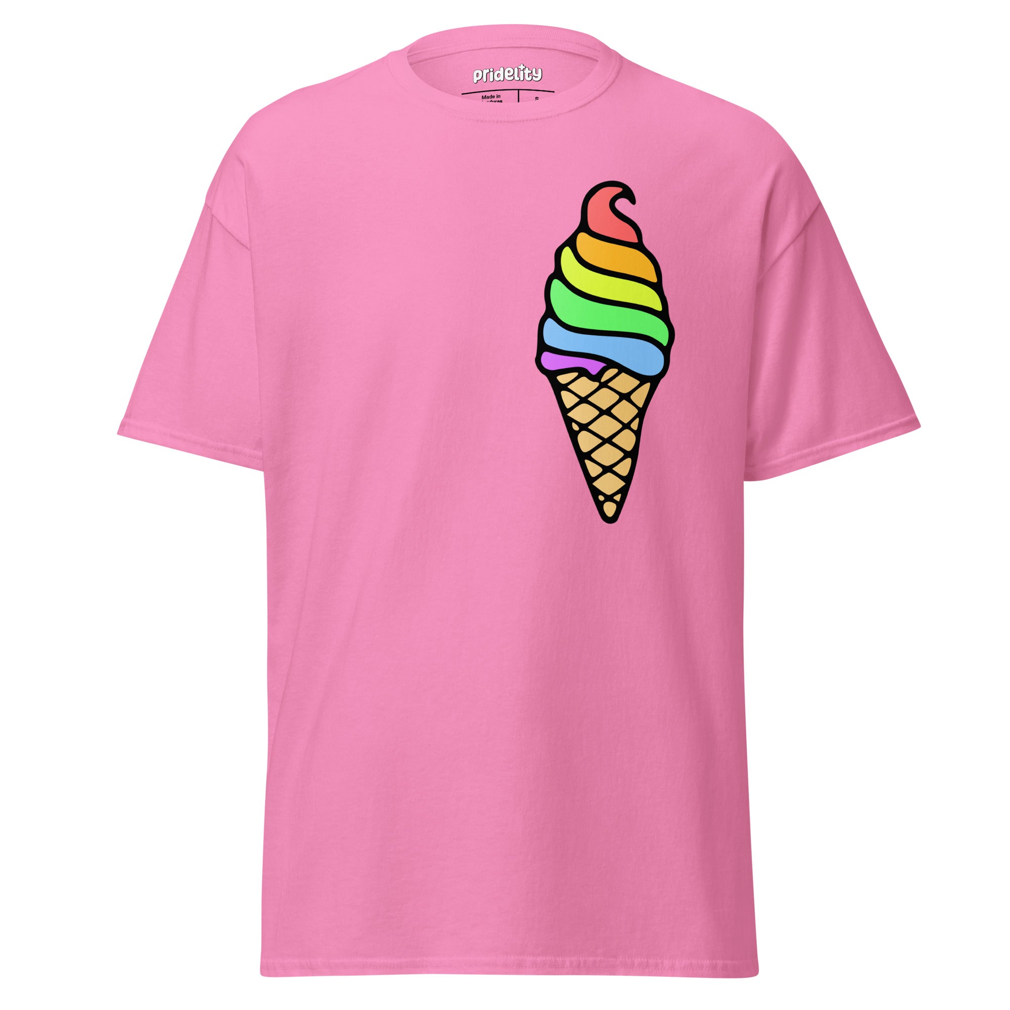 A Pride Ice Cream T-Shirt from Pridelity, featuring a gold base adorned with a vibrant ice cream cone design on the front. The ice cream swirls in rainbow colors, celebrating diversity, while the cone displays a traditional waffle pattern.