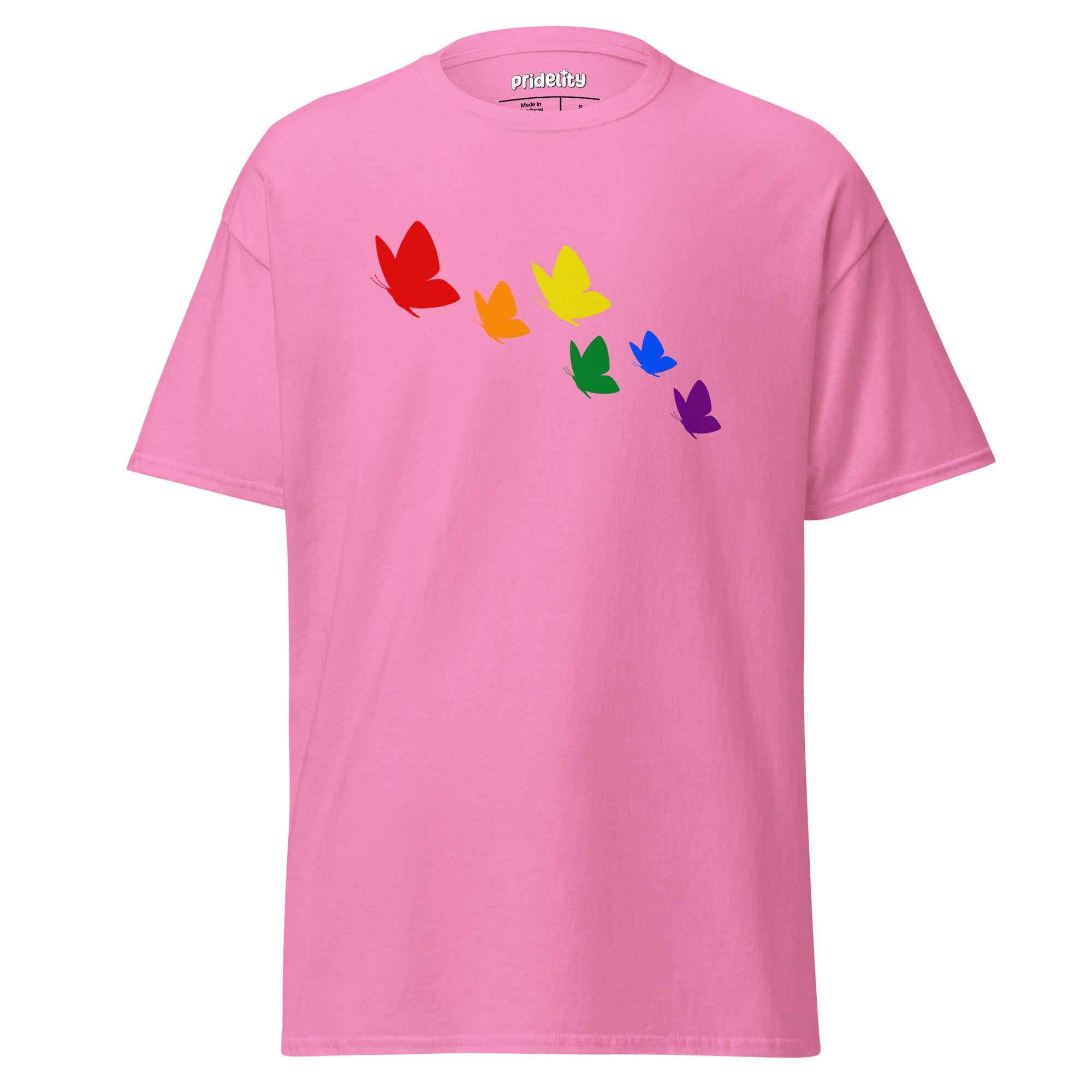 The Rainbow Butterflies T-Shirt from Pridelity features a vibrant design on a black tee, displaying six butterflies arranged in a diagonal pattern, each showcasing one of the rainbow colors—red, orange, yellow, green, blue, and purple.